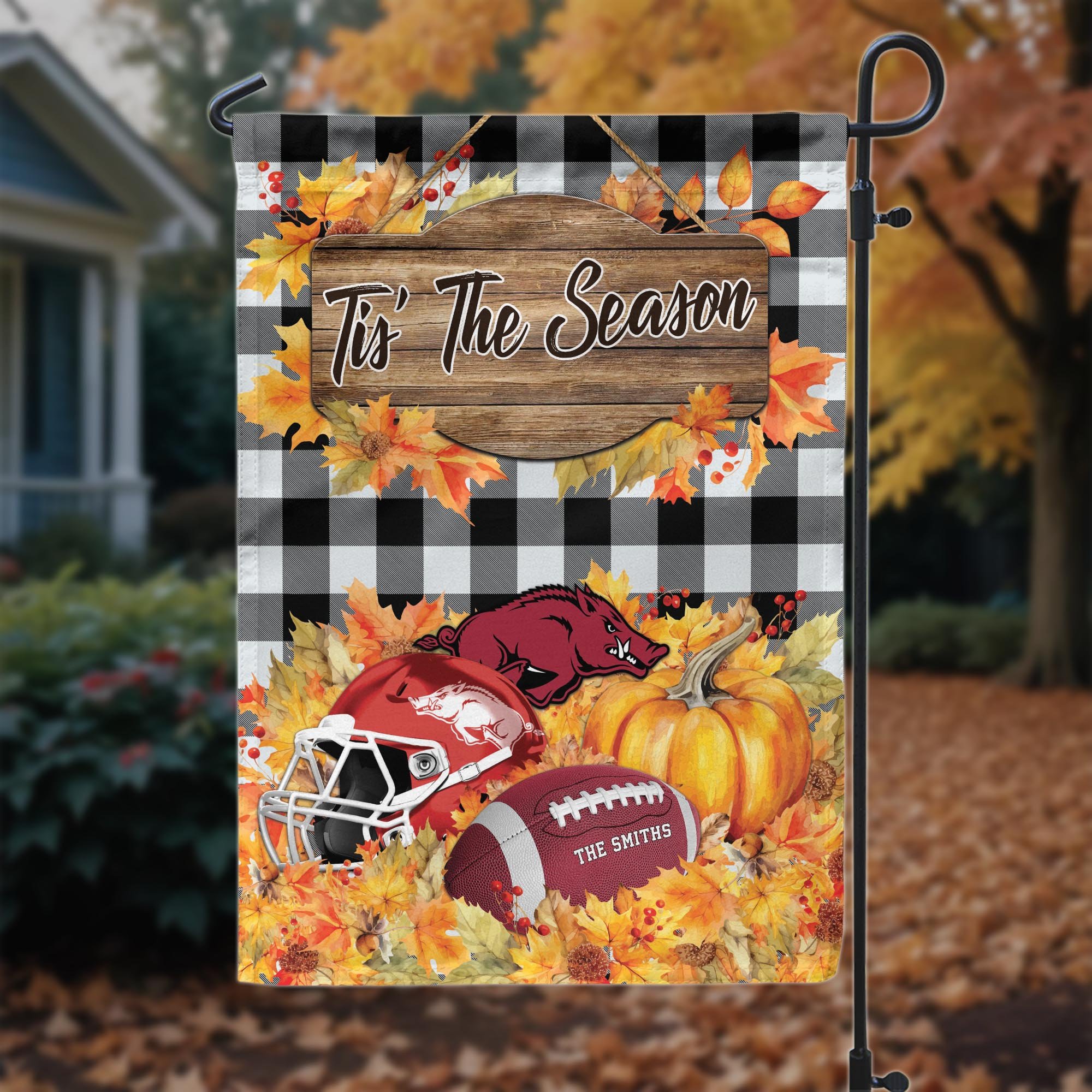 Arkansas Razorbacks Garden Flag Customized Your Family Name And Choose Your Quotes, Football Flag, Home Decor ETRG-60251