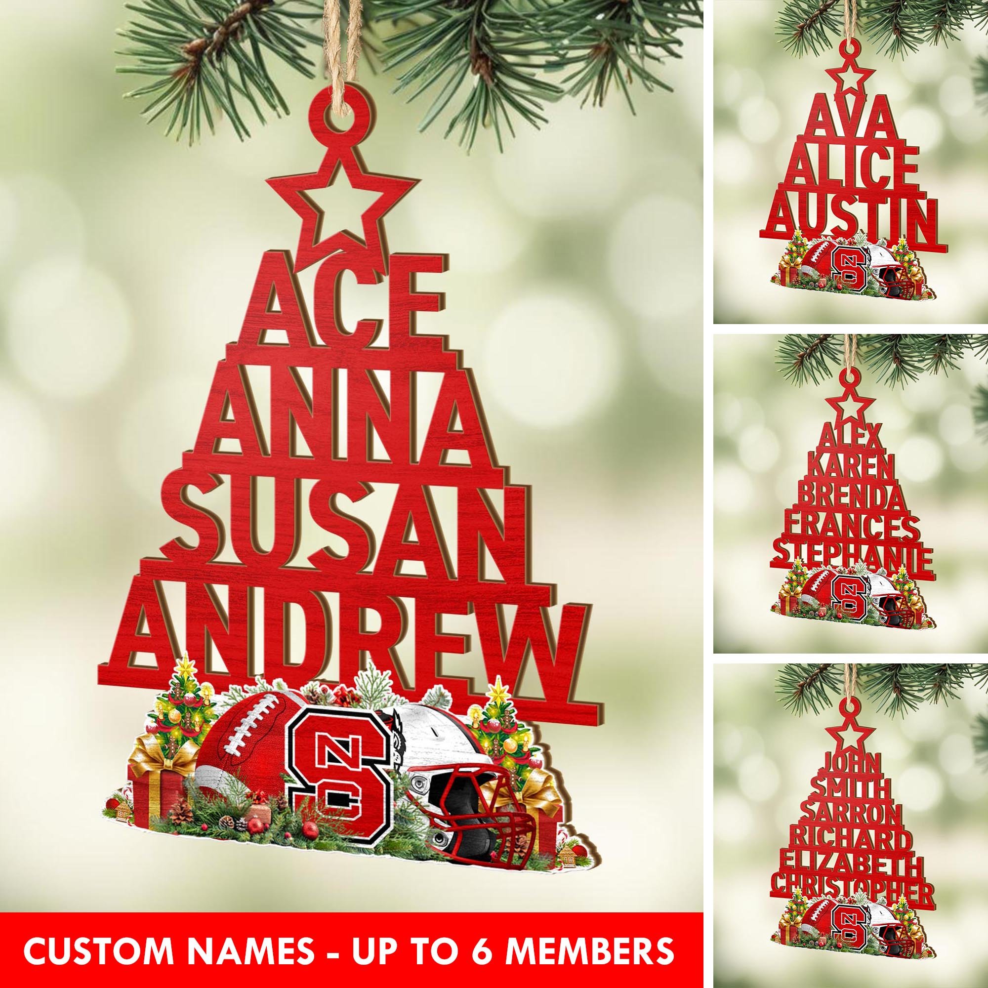 NC State Wolfpack Wooden Ornament Personalized Shape 1 Layer Custom Names, Sport Ornament, Christmas Gifts, Hanging Decor ETRG-60517