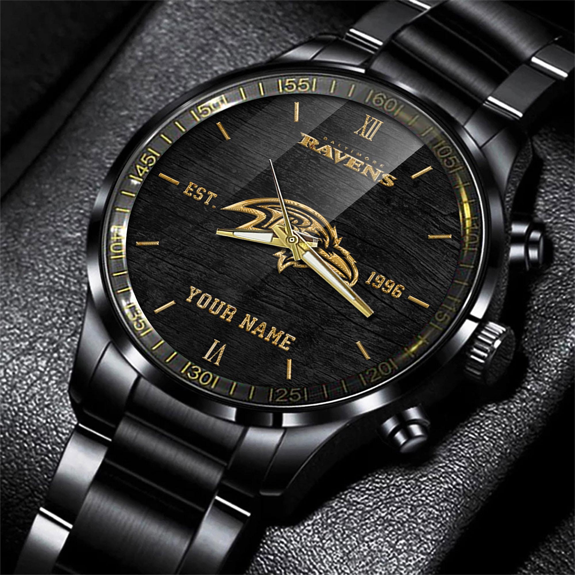 Baltimore Ravens Black Fashion Watch Personalized Your Name, Black Fashion Watch For Football Lovers, Gifts For Fan ETRG-54426