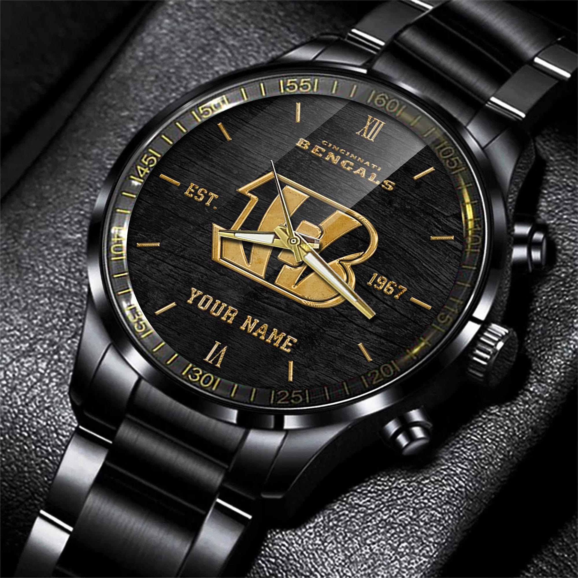 Cincinnati Bengals Black Fashion Watch Personalized Your Name, Black Fashion Watch For Football Lovers, Gifts For Fan ETRG-54426