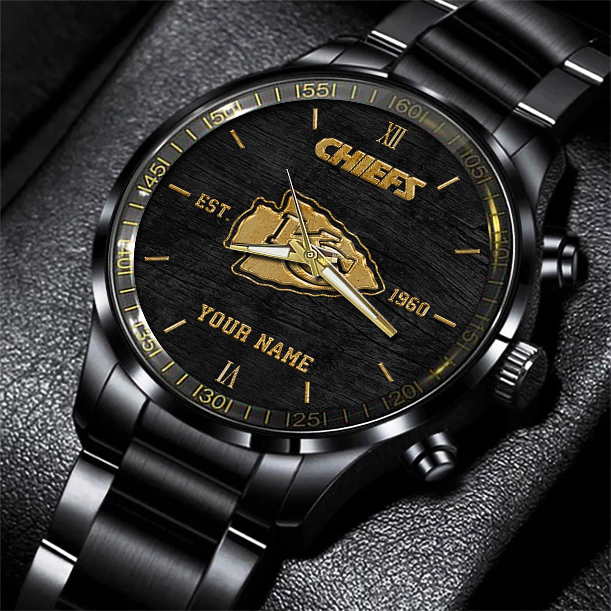 Kansas City Chiefs Black Fashion Watch Personalized Your Name, Black Fashion Watch For Football Lovers, Gifts For Fan ETRG-54426