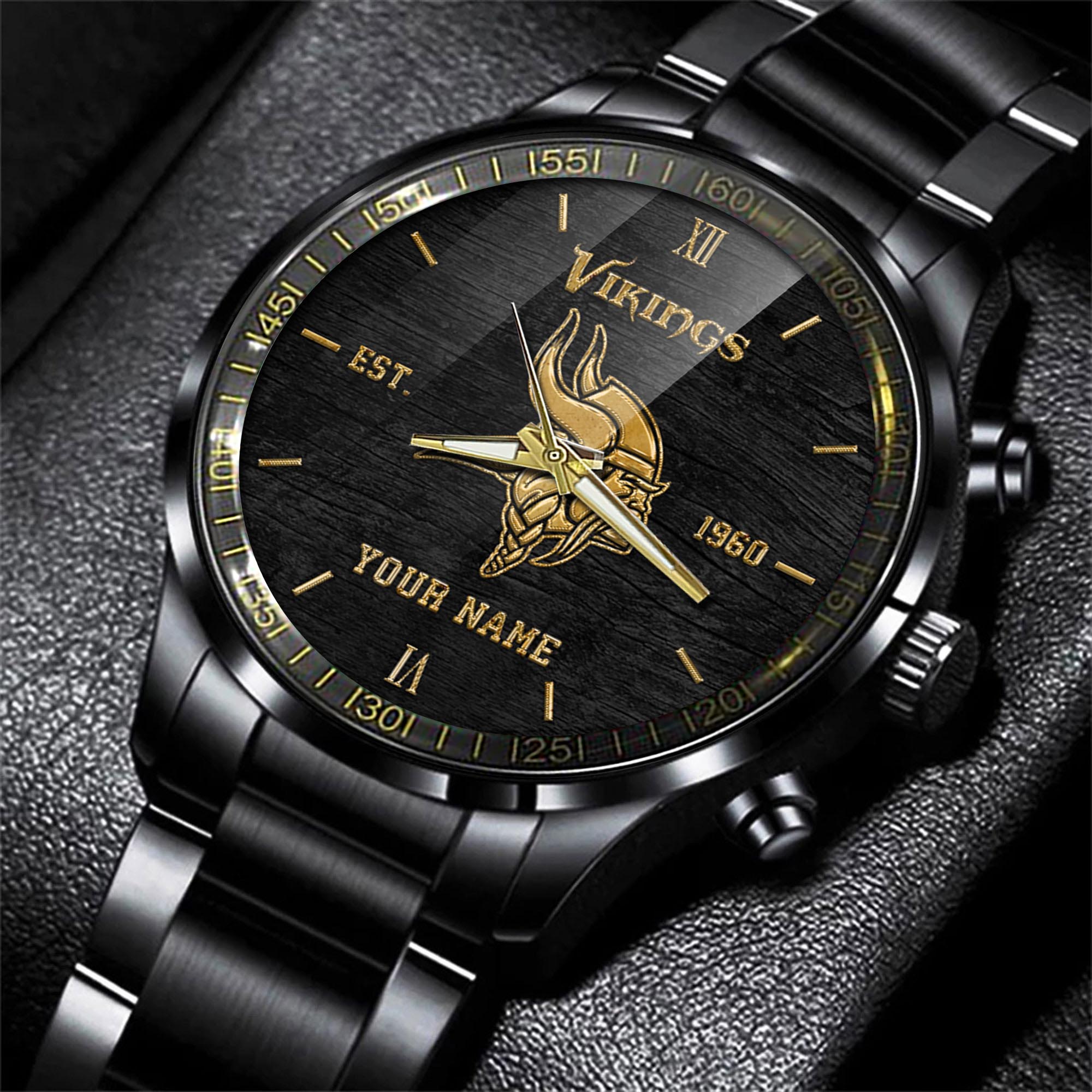 Minnesota Vikings Black Fashion Watch Personalized Your Name, Black Fashion Watch For Football Lovers, Gifts For Fan ETRG-54426