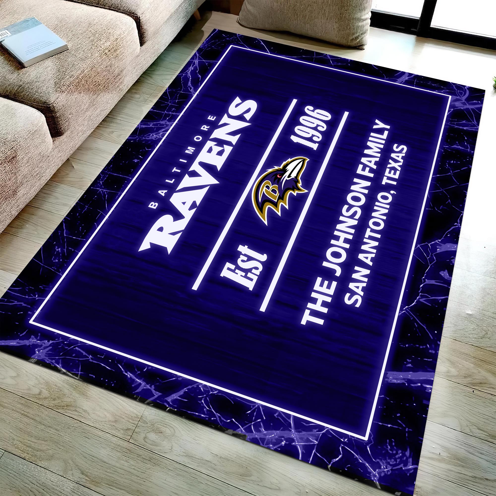 Baltimore Ravens Rectangle Rug Custom Your Family Name And Address, Football Team Rug, Football Fan Gifts, Home Decorations ETRG-51680