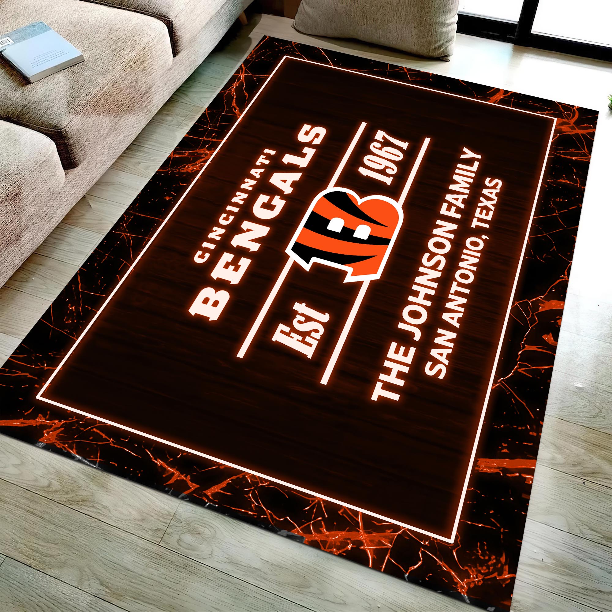 Cincinnati Bengals Rectangle Rug Custom Your Family Name And Address, Football Team Rug, Football Fan Gifts, Home Decorations ETRG-51680