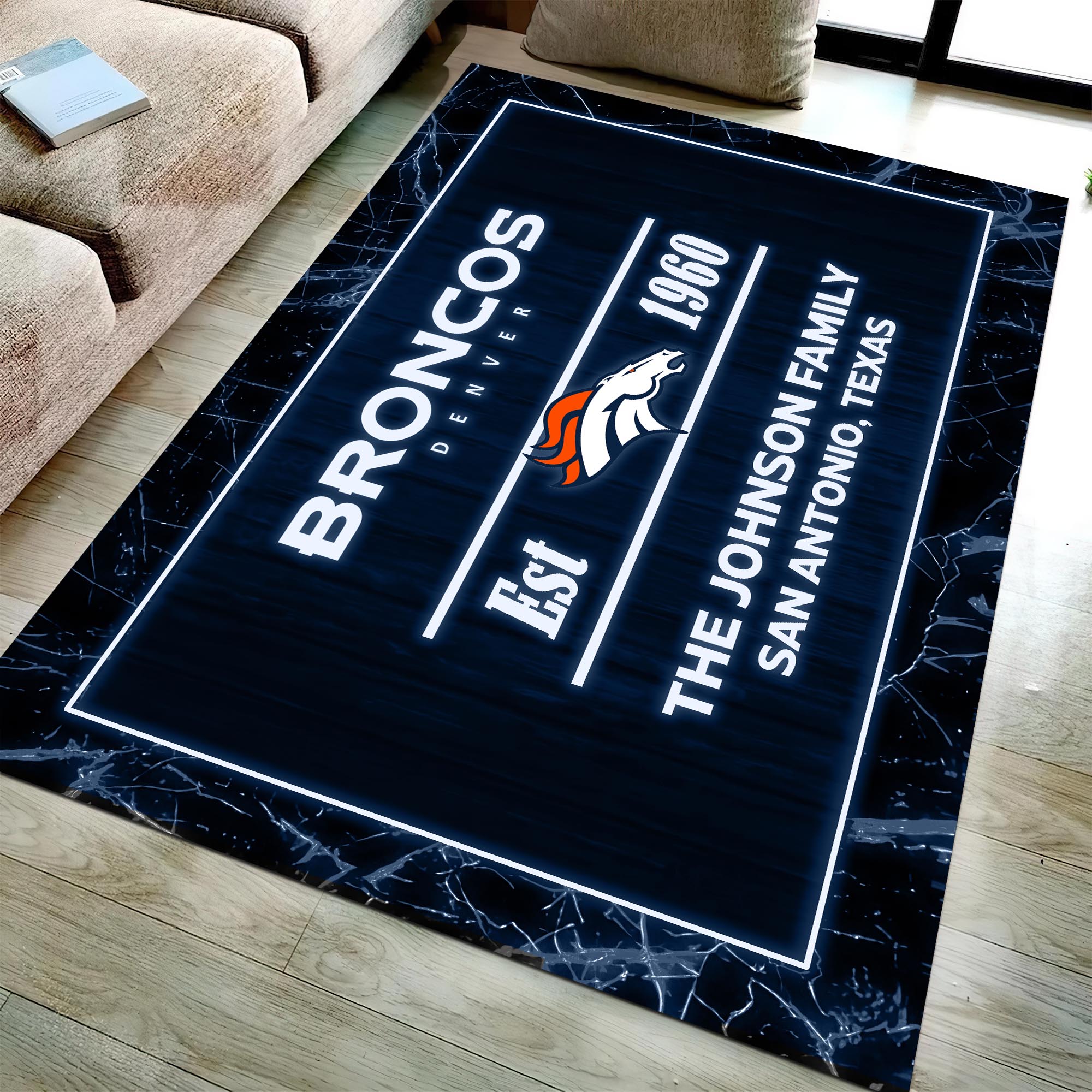 Denver Broncos Rectangle Rug Custom Your Family Name And Address, Football Team Rug, Football Fan Gifts, Home Decorations ETRG-51680