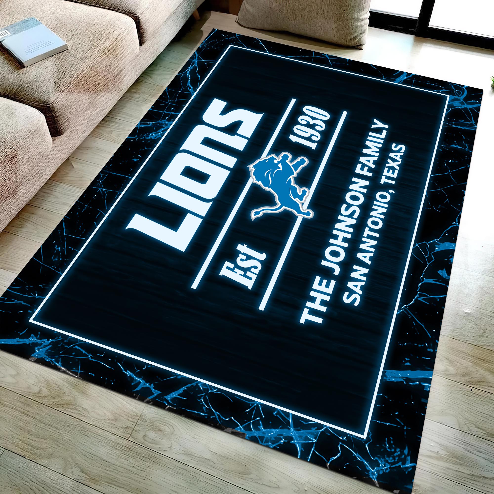 Detroit Lions Rectangle Rug Custom Your Family Name And Address, Football Team Rug, Football Fan Gifts, Home Decorations ETRG-51680