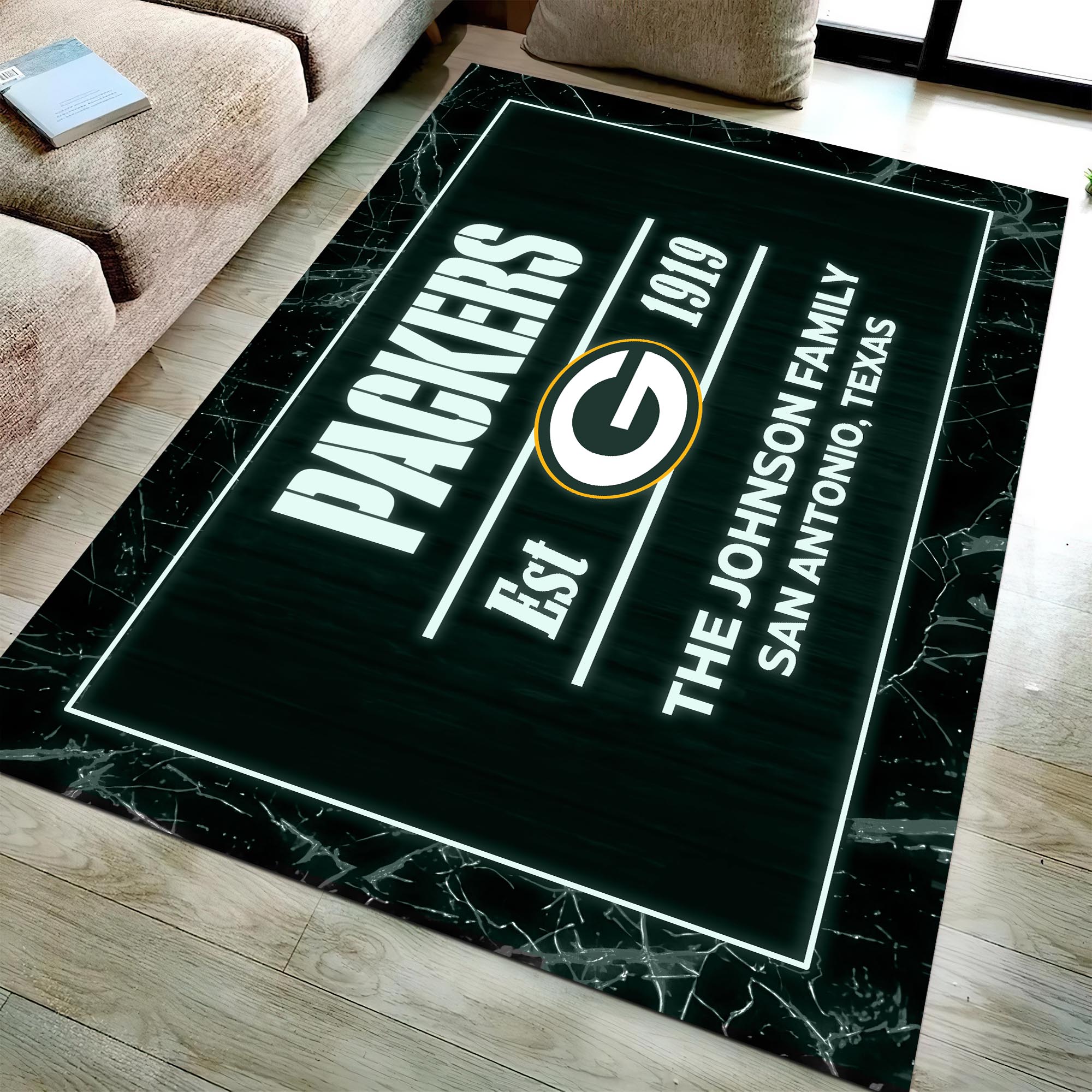 Green Bay Packers Rectangle Rug Custom Your Family Name And Address, Football Team Rug, Football Fan Gifts, Home Decorations ETRG-51680