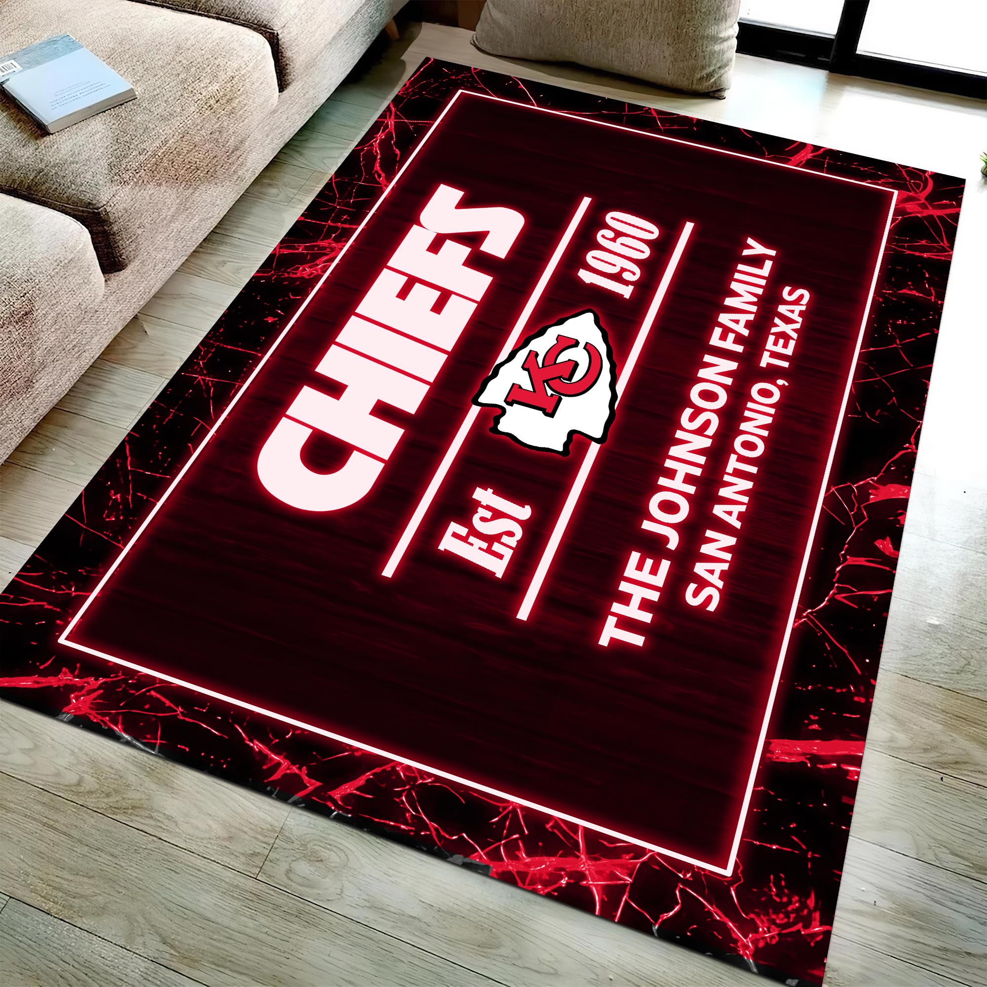 Kansas City Chiefs Rectangle Rug Custom Your Family Name And Address, Football Team Rug, Football Fan Gifts, Home Decorations ETRG-51680