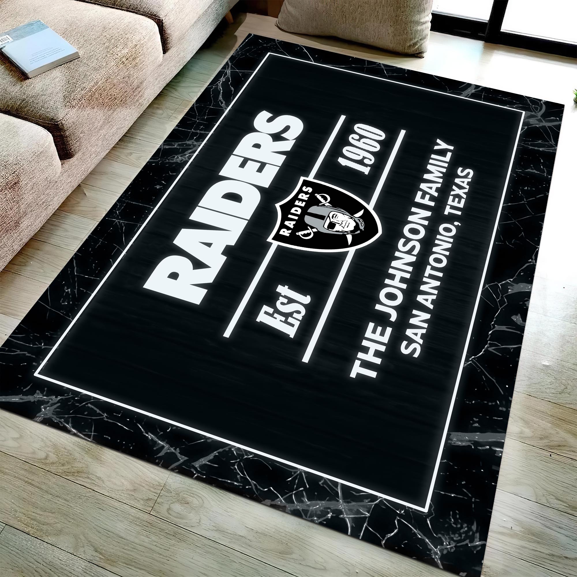 Las Vegas Raiders Rectangle Rug Custom Your Family Name And Address, Football Team Rug, Football Fan Gifts, Home Decorations ETRG-51680