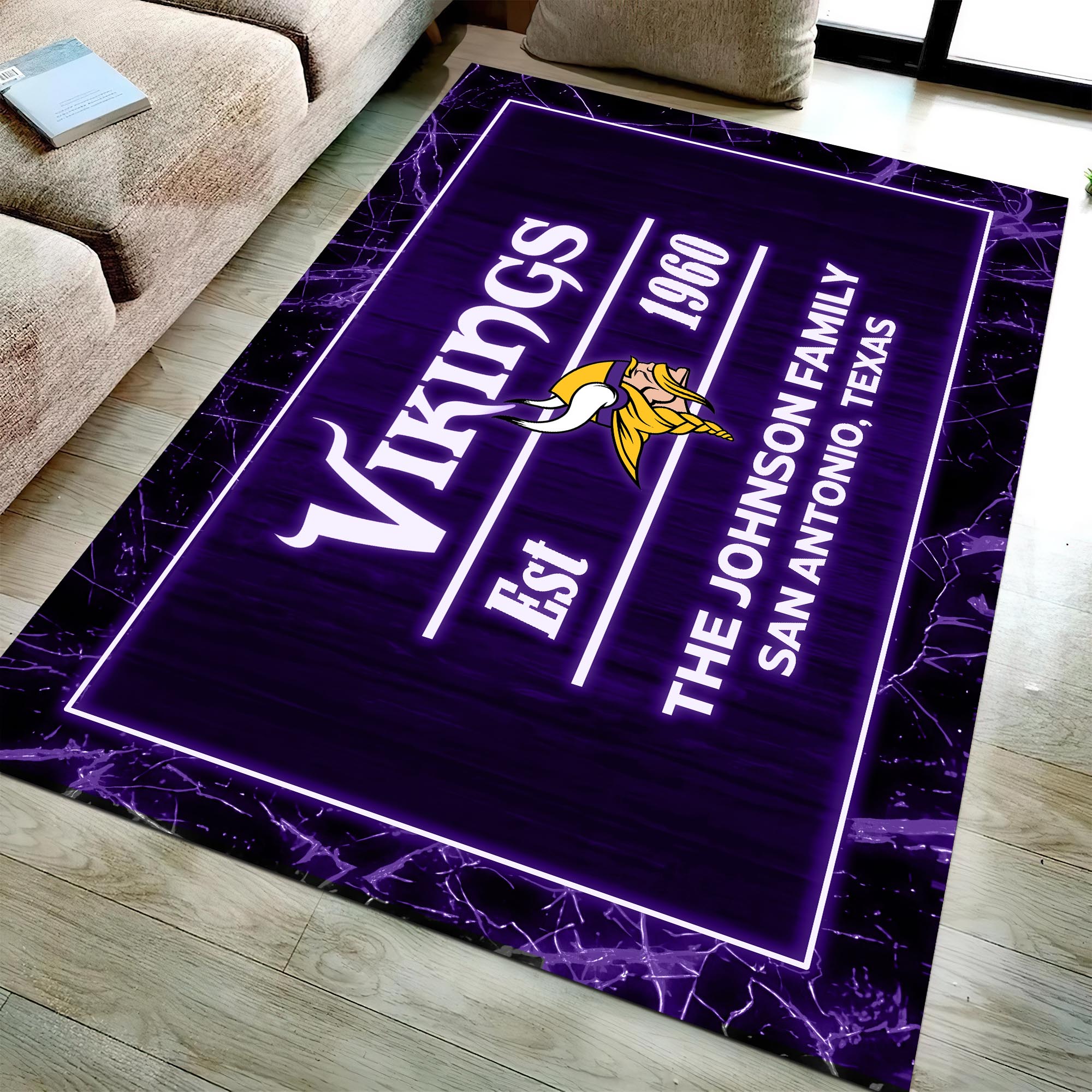 Minnesota Vikings Rectangle Rug Custom Your Family Name And Address, Football Team Rug, Football Fan Gifts, Home Decorations ETRG-51680