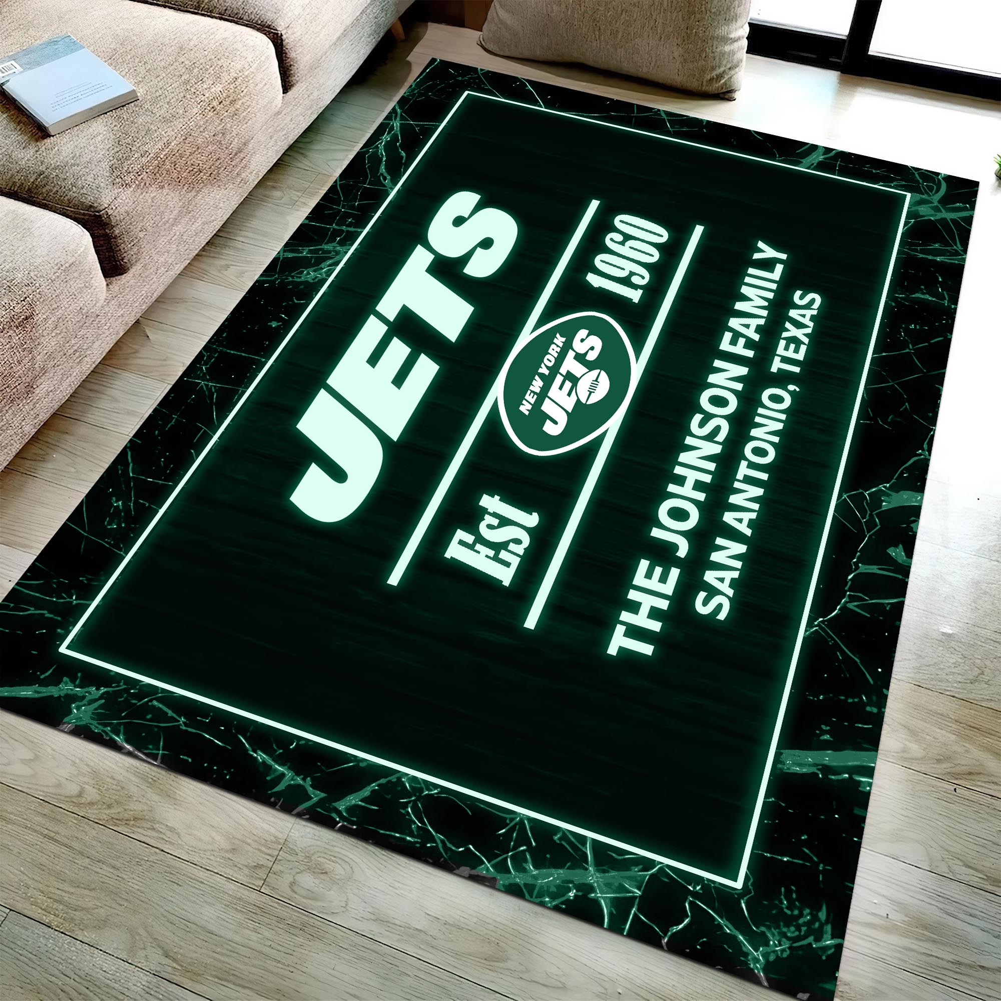 New York Jets Rectangle Rug Custom Your Family Name And Address, Football Team Rug, Football Fan Gifts, Home Decorations ETRG-51680