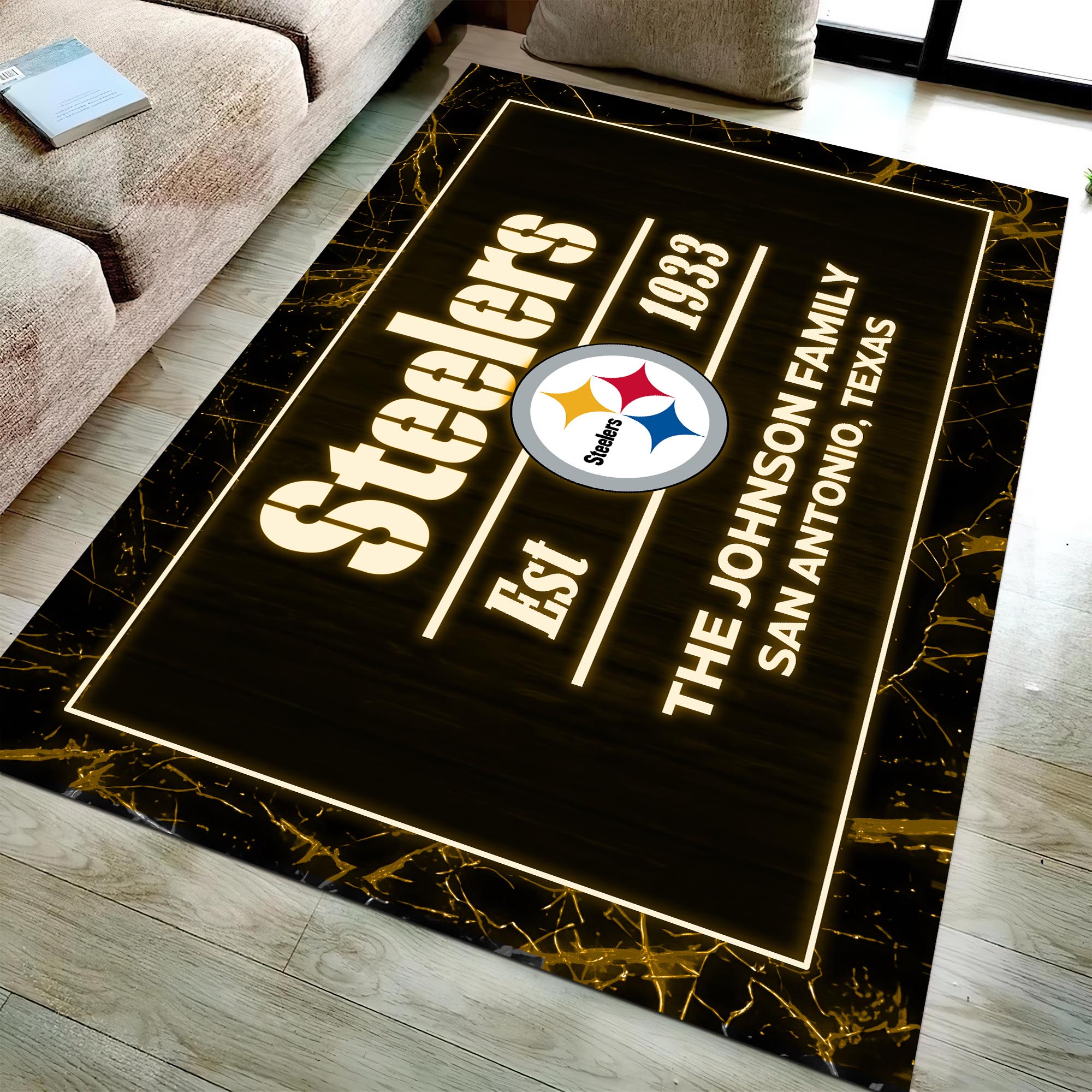 Pittsburgh Steelers Rectangle Rug Custom Your Family Name And Address, Football Team Rug, Football Fan Gifts, Home Decorations ETRG-51680