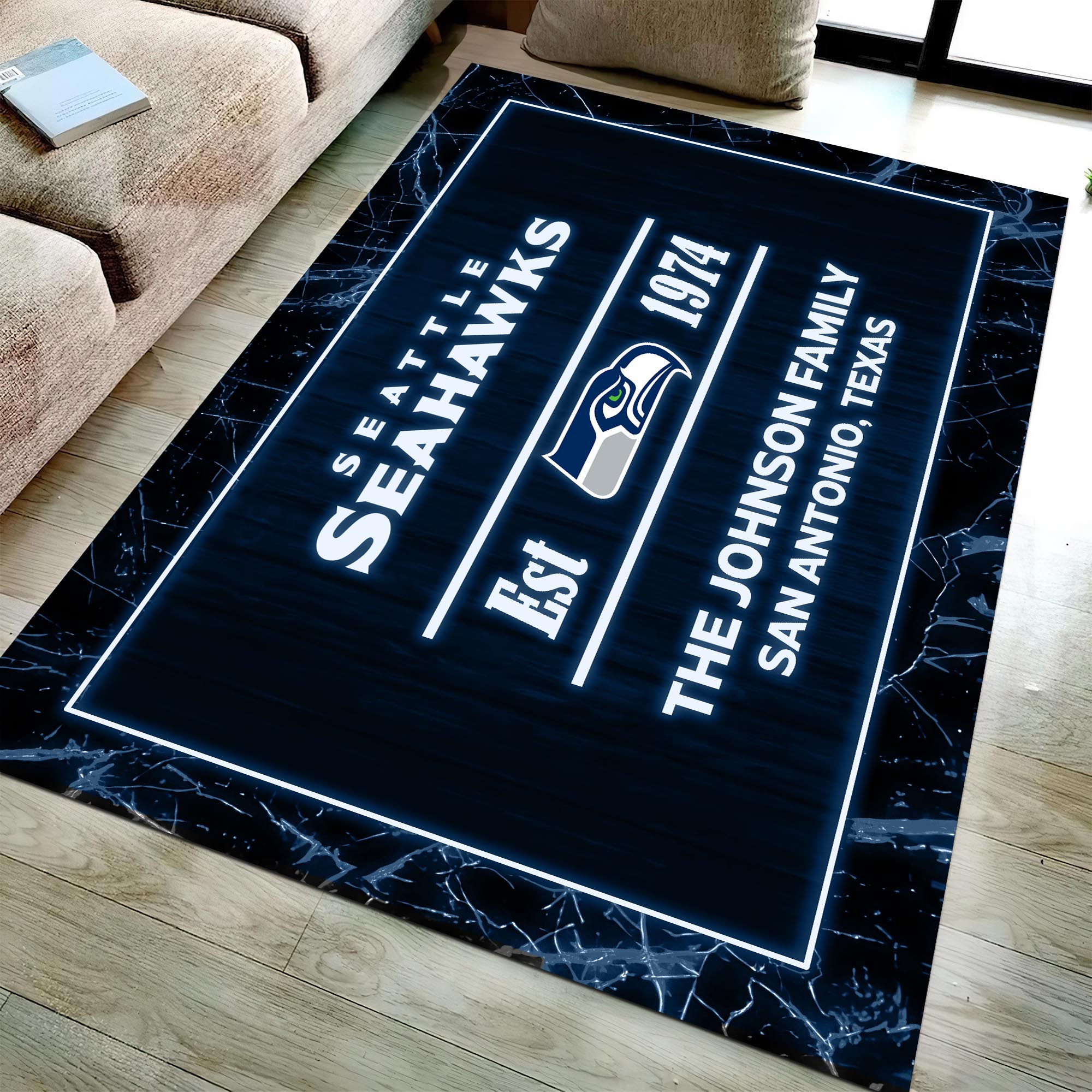 Seattle Seahawks Rectangle Rug Custom Your Family Name And Address, Football Team Rug, Football Fan Gifts, Home Decorations ETRG-51680