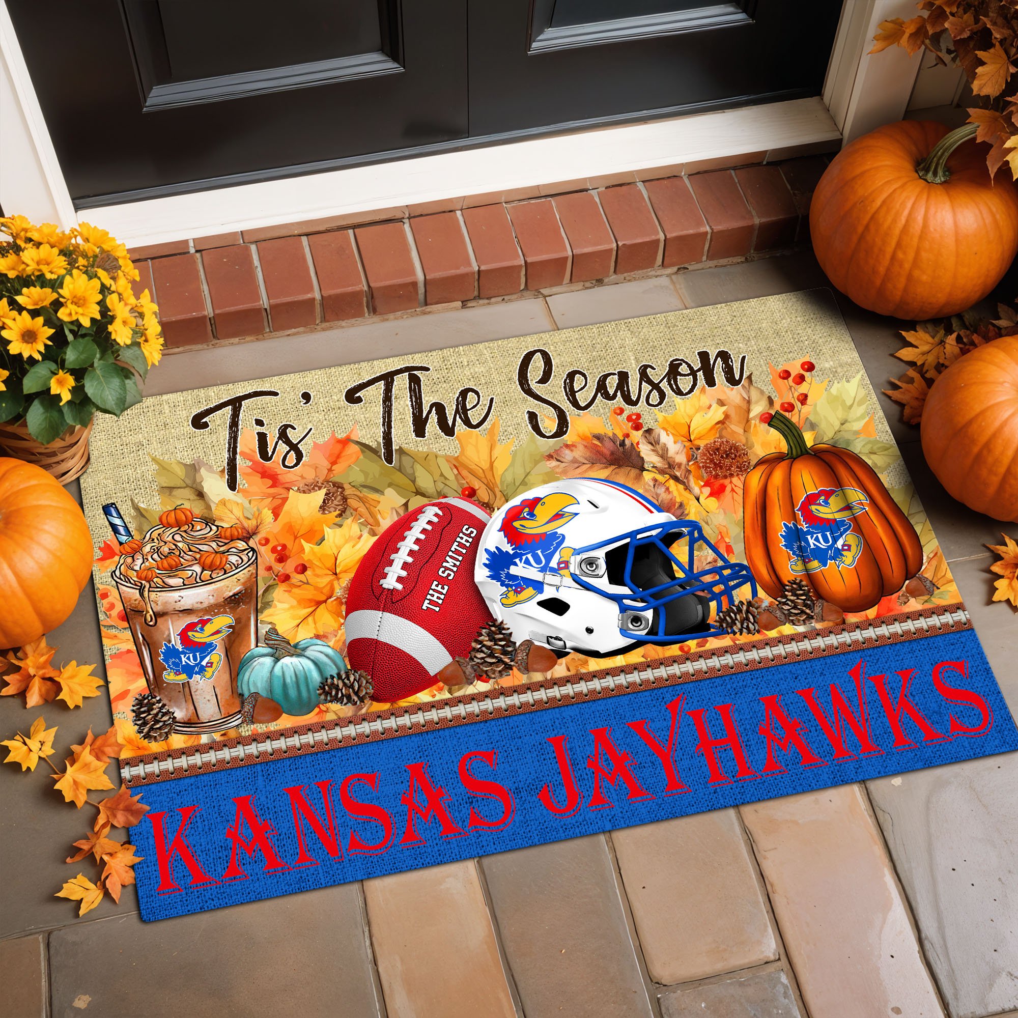 Kansas Jayhawks Doormat Custom Family Name And Choose Quotes, Fall Gifts For Football Lovers, Fan Gifts ETRG-60960