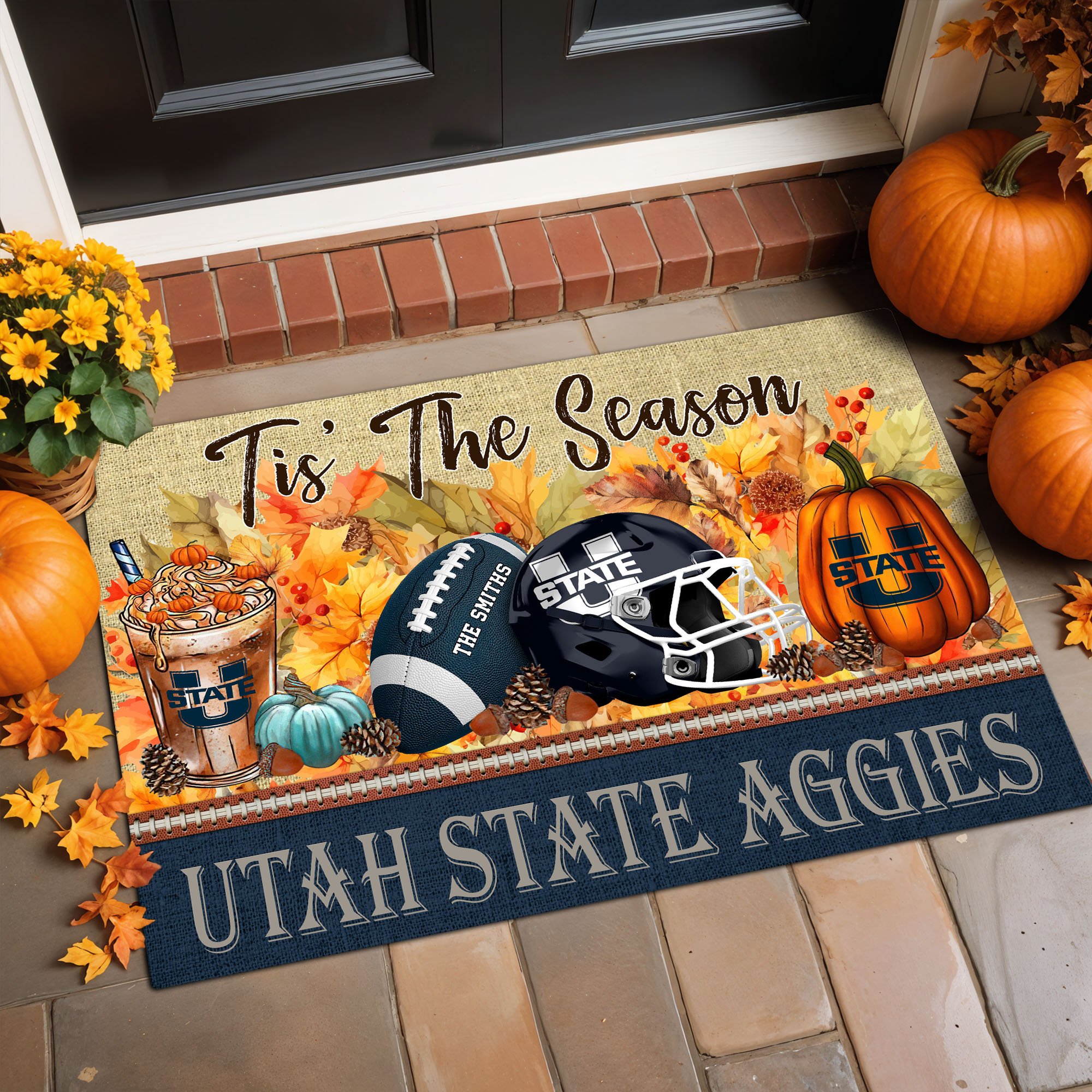 Utah State Aggies Doormat Custom Family Name And Choose Quotes, Fall Gifts For Football Lovers, Fan Gifts ETRG-60960