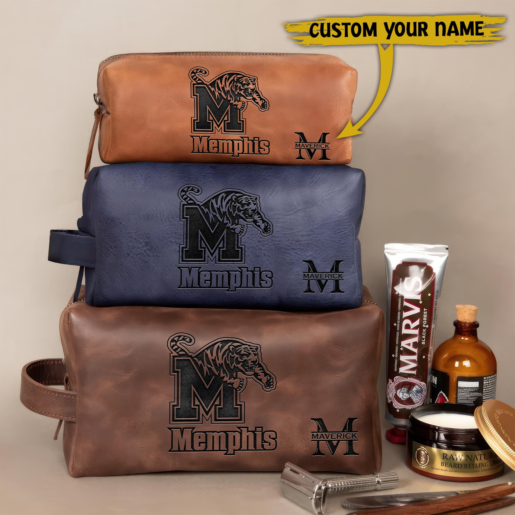 Memphis Tigers Engraved Leather Dopp Kit Bag Custom Your Name And Letter, Sport Leather Dopp Kit Bag, Sport Gifts ETRG-61442