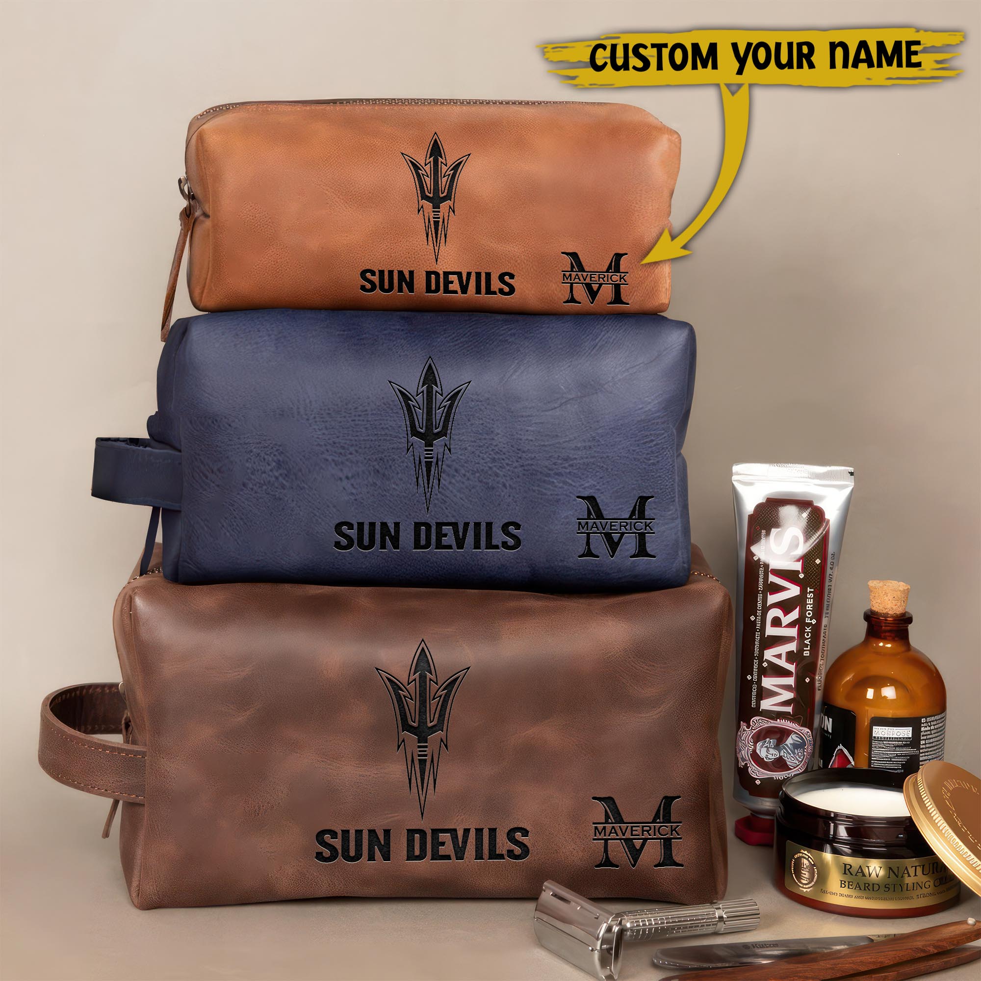 Arizona State Sun Devils Engraved Leather Dopp Kit Bag Custom Your Name And Letter, Sport Leather Dopp Kit Bag, Sport Gifts ETRG-61442