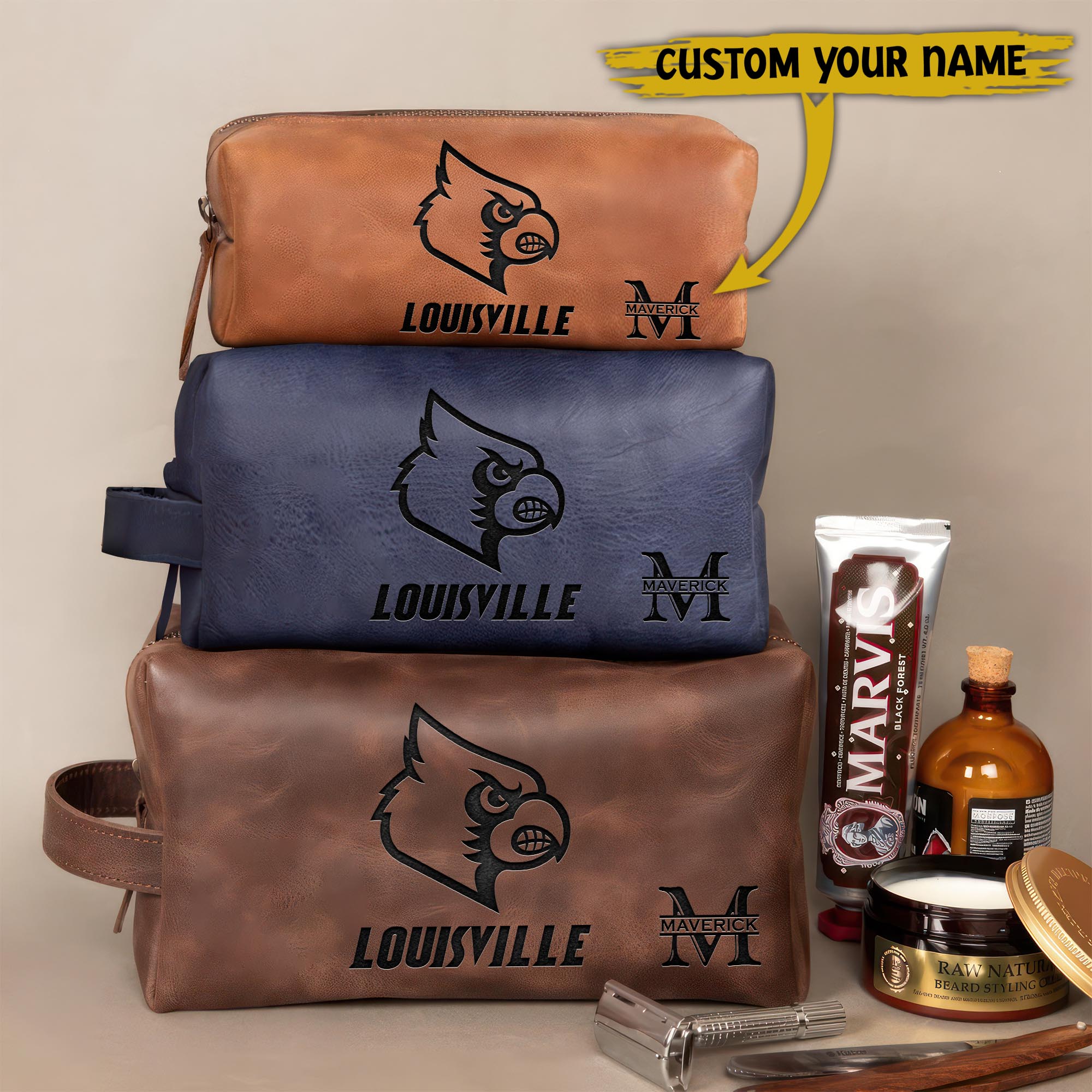 Louisville Cardinals Engraved Leather Dopp Kit Bag Custom Your Name And Letter, Sport Leather Dopp Kit Bag, Sport Gifts ETRG-61442