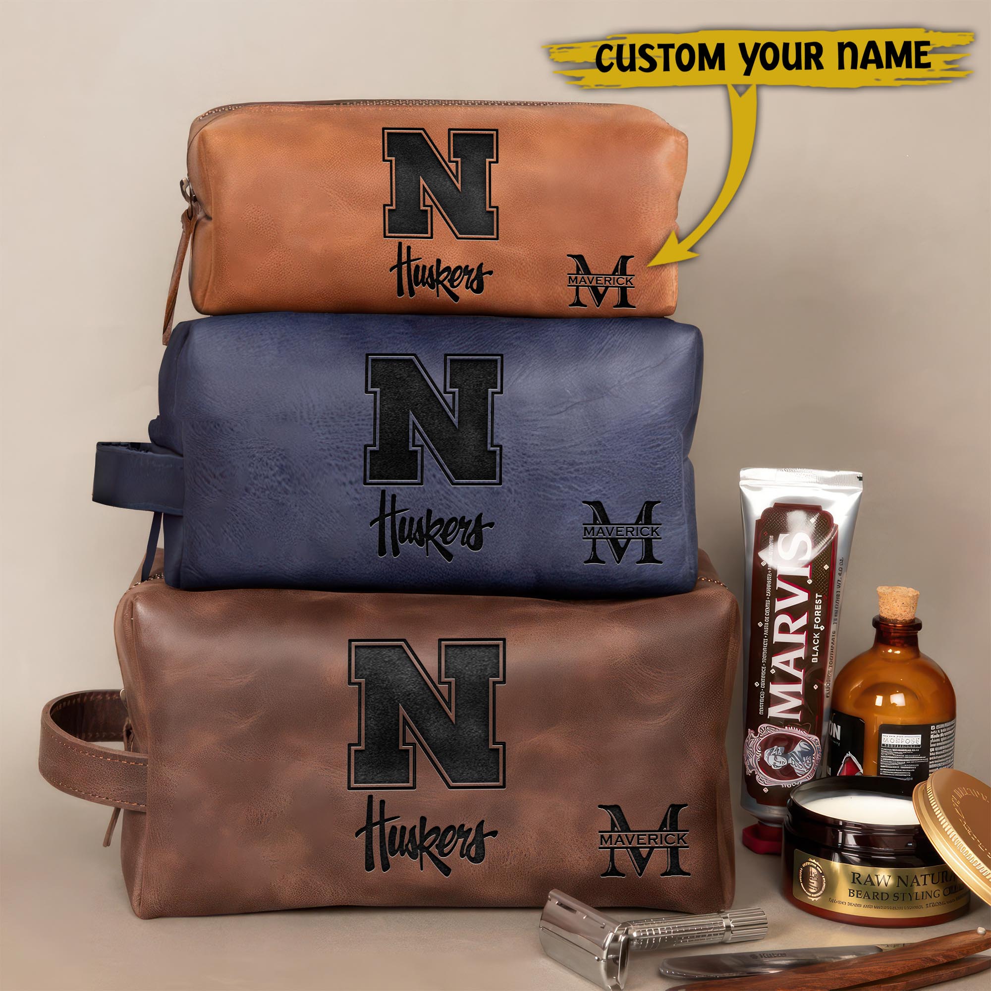 Nebraska Cornhuskers Engraved Leather Dopp Kit Bag Custom Your Name And Letter, Sport Leather Dopp Kit Bag, Sport Gifts ETRG-61442