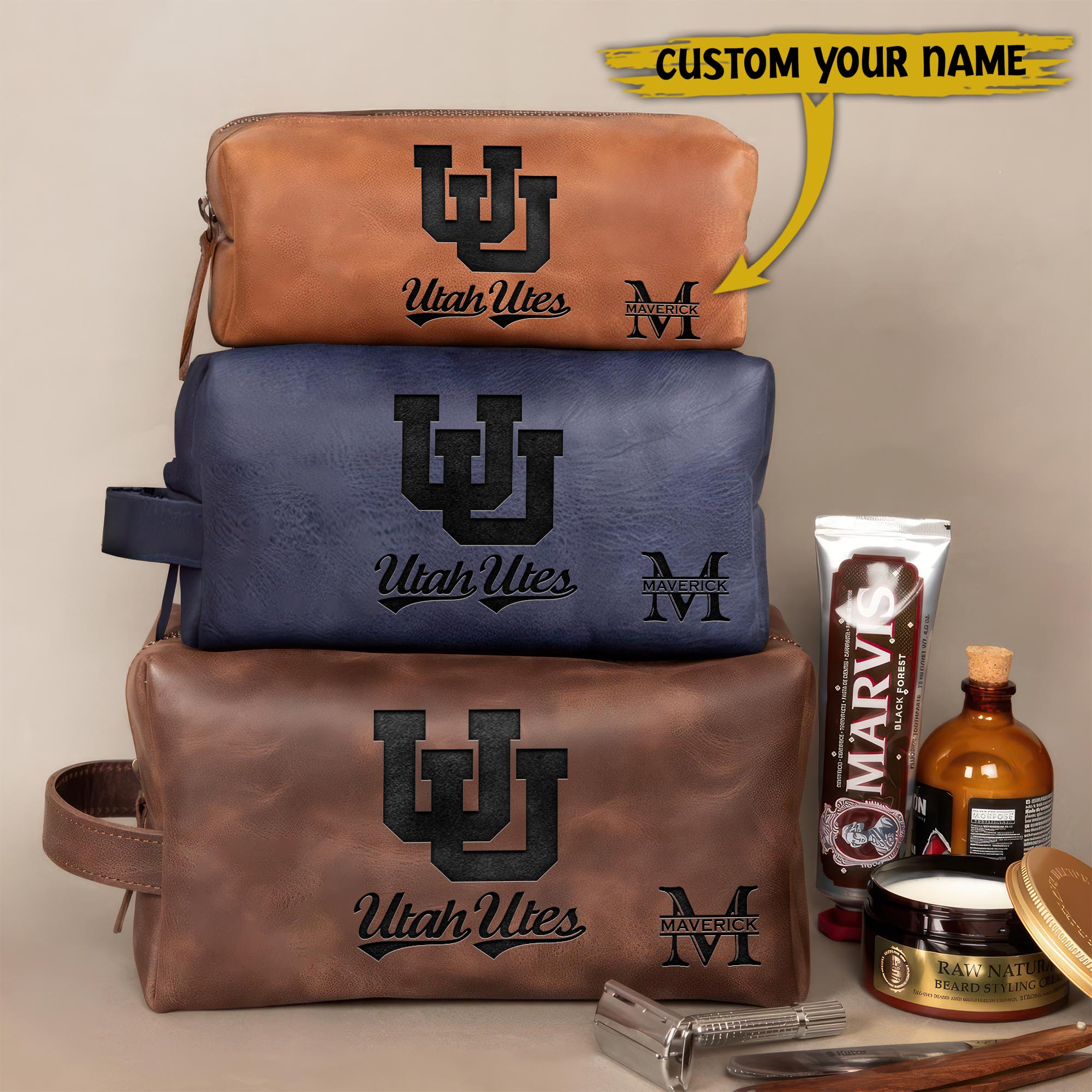 Utah Utes Engraved Leather Dopp Kit Bag Custom Your Name And Letter, Sport Leather Dopp Kit Bag, Sport Gifts ETRG-61442