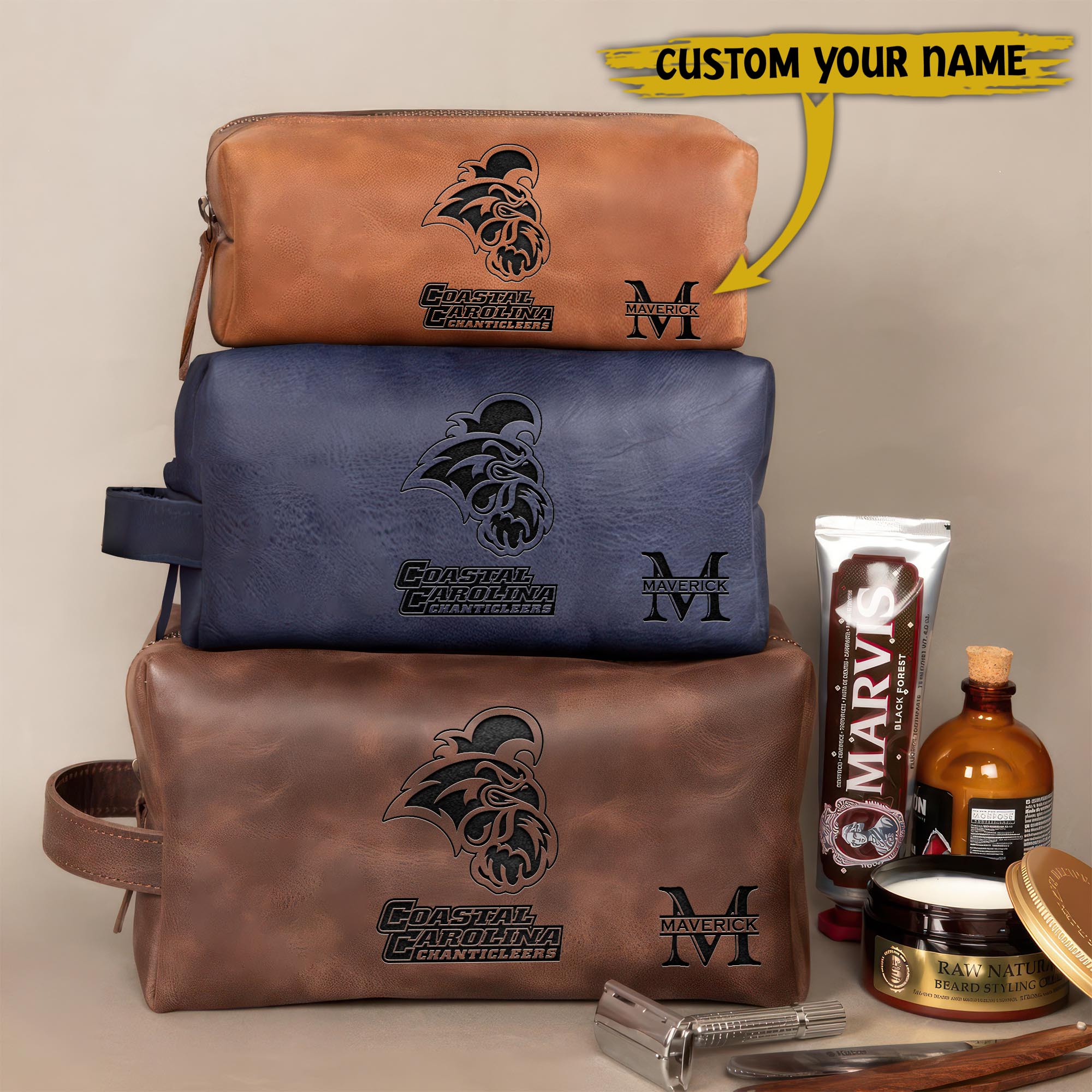 Coastal Carolina Chanticleers Engraved Leather Dopp Kit Bag Custom Your Name And Letter, Sport Leather Dopp Kit Bag, Sport Gifts ETRG-61442