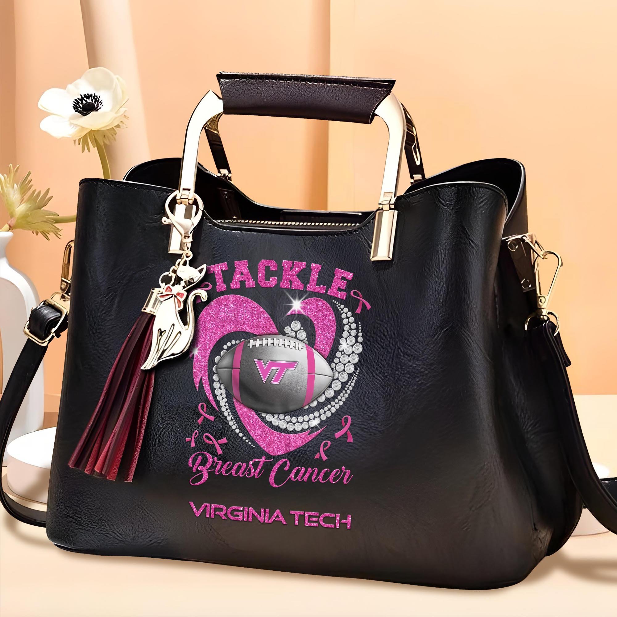 Virginia Tech Hokies Leather Bags For Women Custom Name, Breast Cancer Leather Bags For Sport Fan, Sport Gifts ETRG-61474