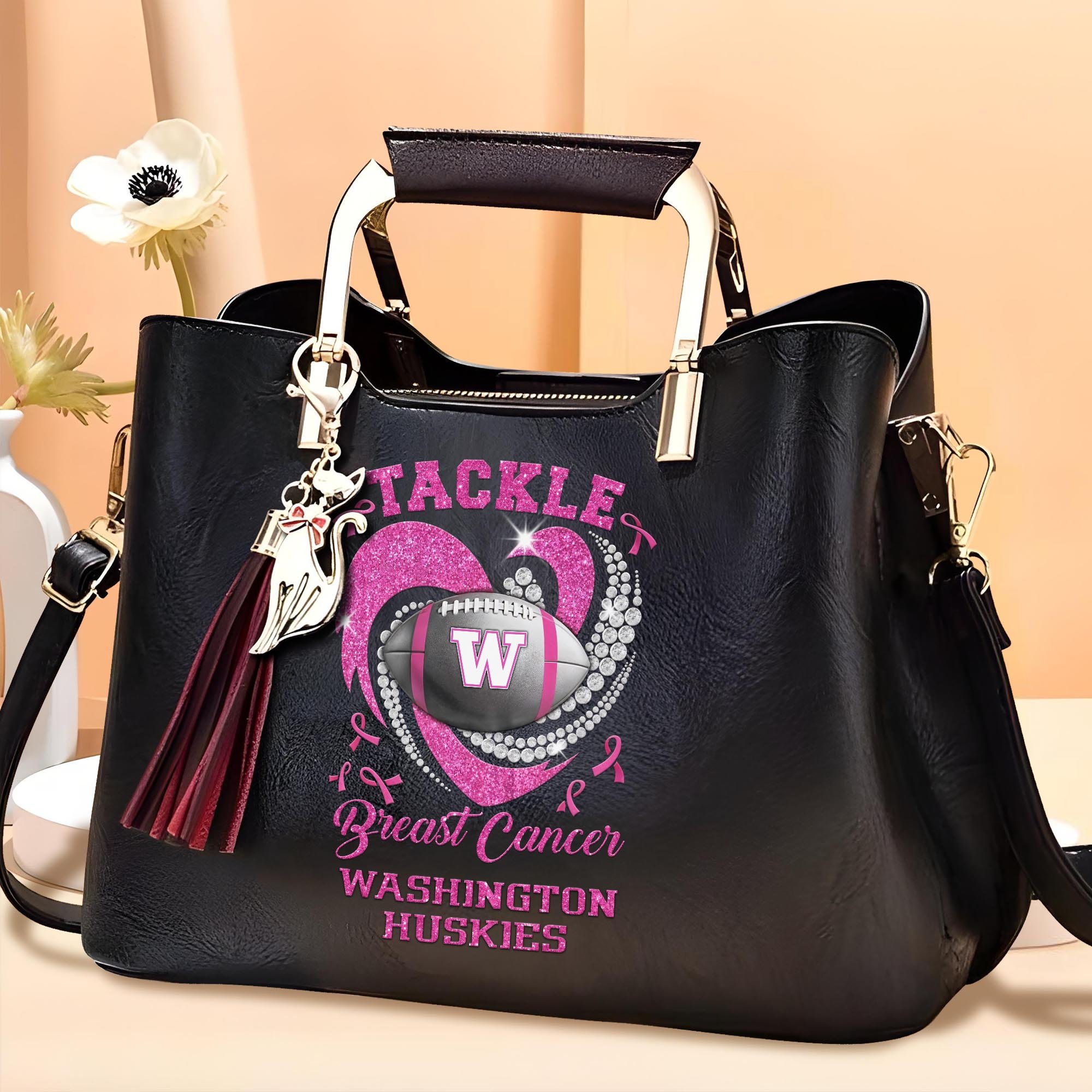 Washington Huskies Leather Bags For Women Custom Name, Breast Cancer Leather Bags For Sport Fan, Sport Gifts ETRG-61474