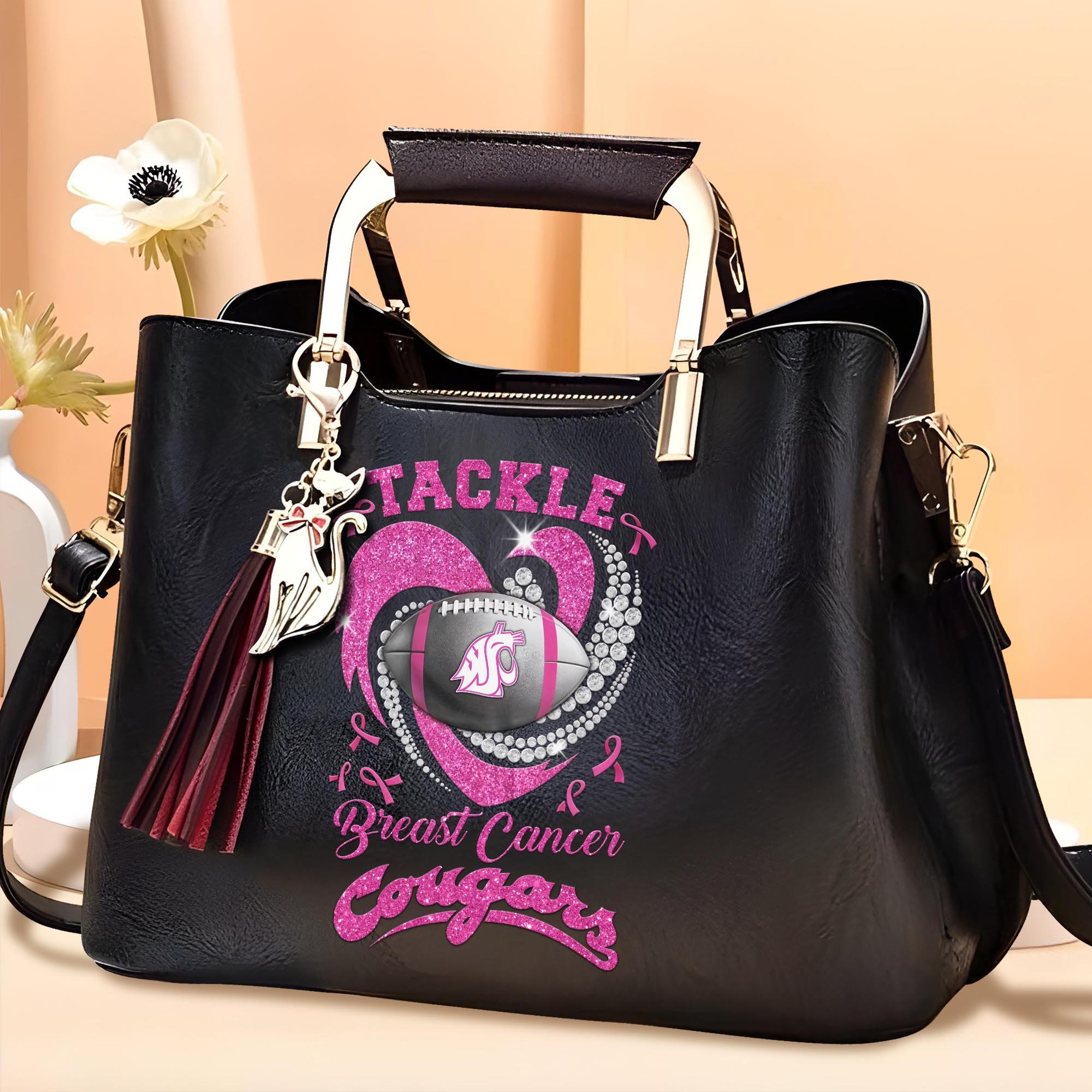 Washington State Cougars Leather Bags For Women Custom Name, Breast Cancer Leather Bags For Sport Fan, Sport Gifts ETRG-61474