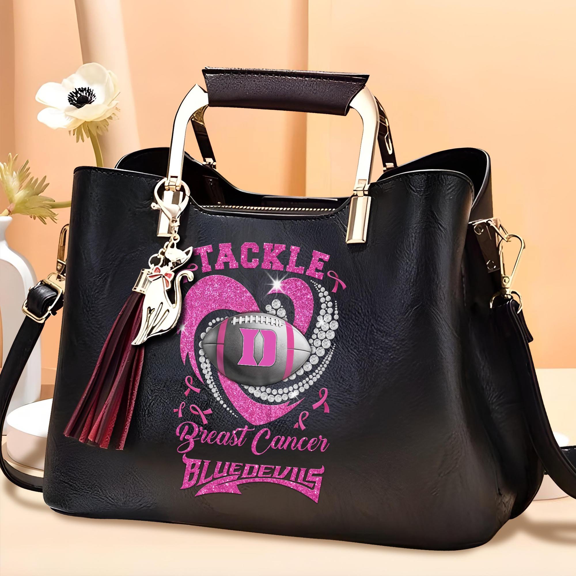 Duke Blue Devils Leather Bags For Women Custom Name, Breast Cancer Leather Bags For Sport Fan, Sport Gifts ETRG-61474