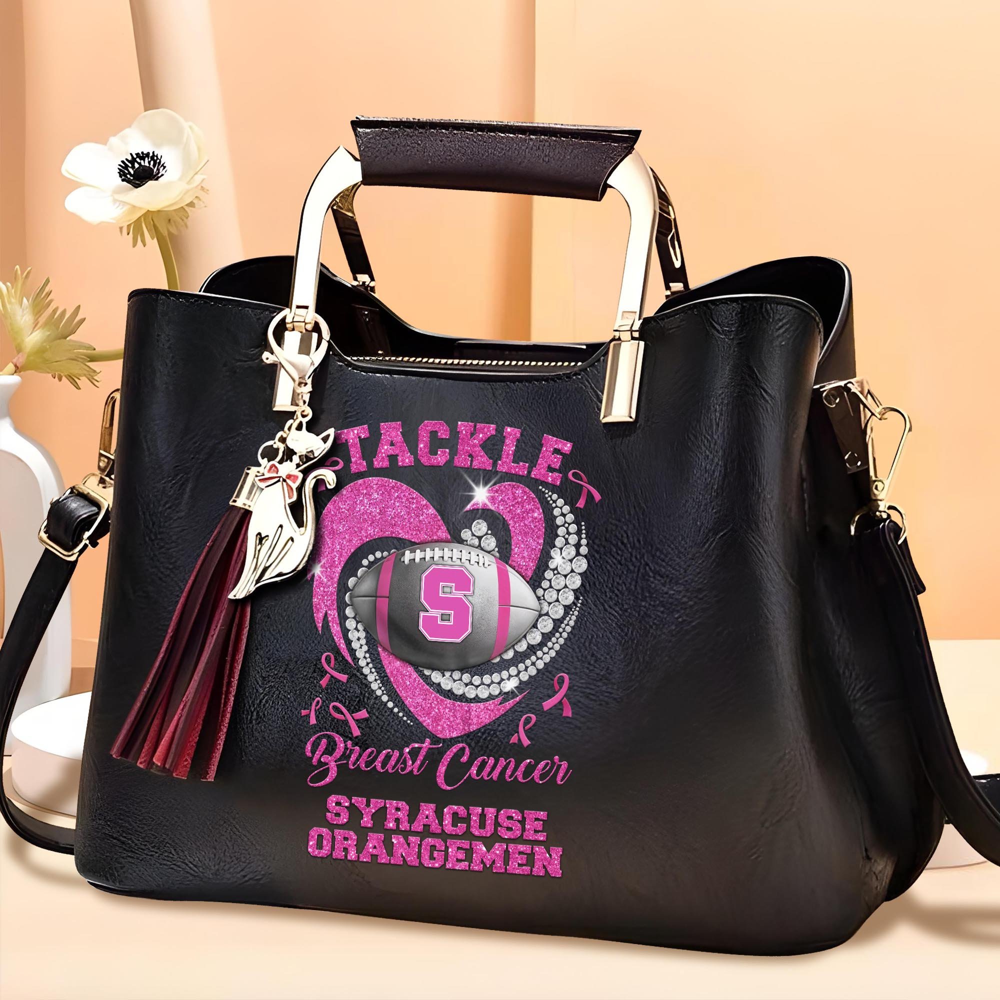 Syracuse Orange Leather Bags For Women Custom Name, Breast Cancer Leather Bags For Sport Fan, Sport Gifts ETRG-61474