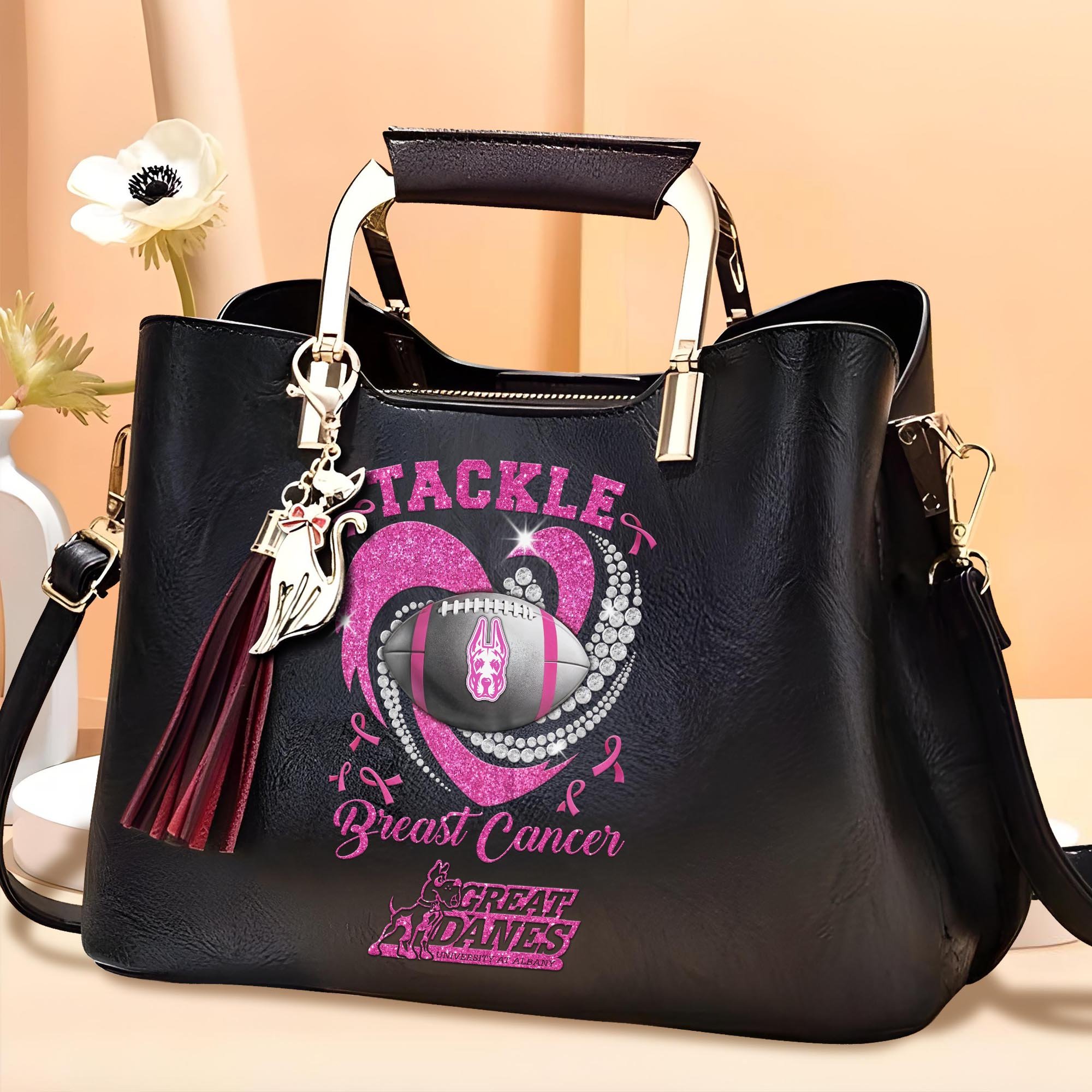 Albany Great Danes Leather Bags For Women Custom Name, Breast Cancer Leather Bags For Sport Fan, Sport Gifts ETRG-61474