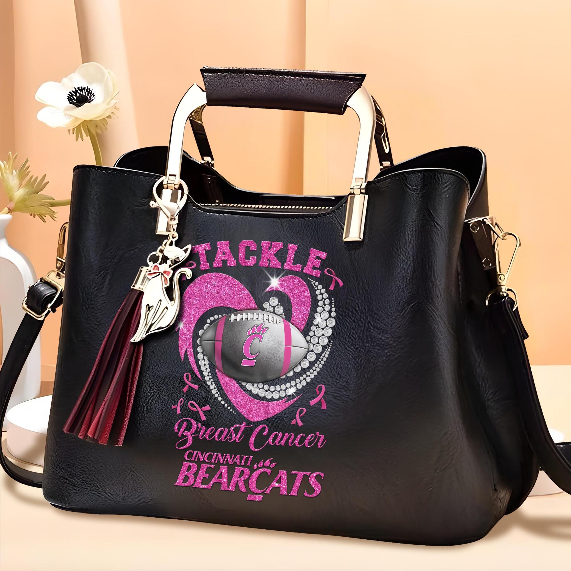 Cincinnati Bearcats Leather Bags For Women Custom Name, Breast Cancer Leather Bags For Sport Fan, Sport Gifts ETRG-61474