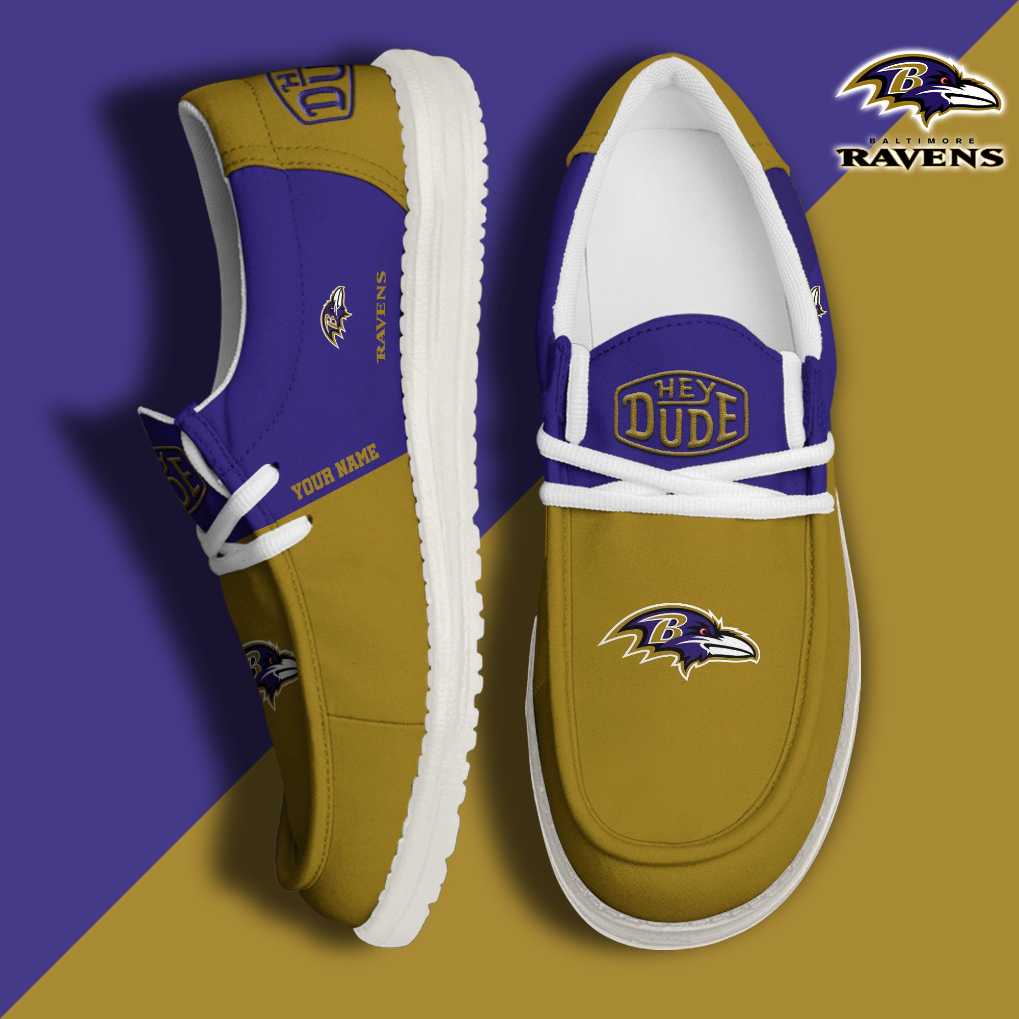 Baltimore Ravens Hey Dude Canvas Loafer Shoes 2024 Version Custom Your Name, Sport Shoes For Football Fans, Sport Gifts ETRG-61619