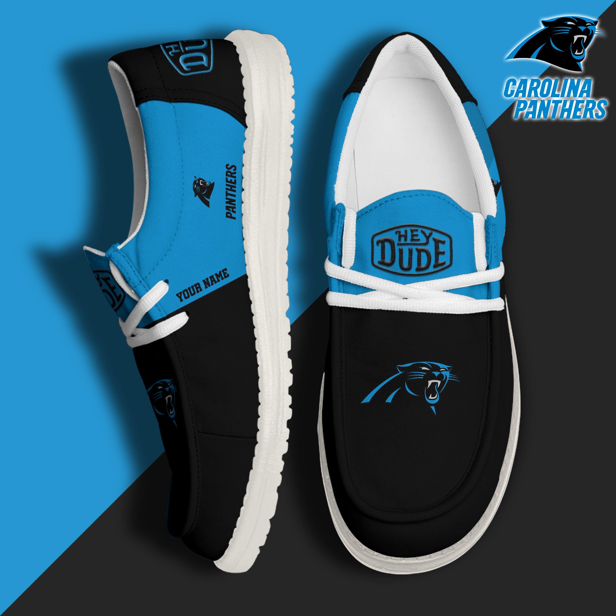 Carolina Panthers Hey Dude Canvas Loafer Shoes 2024 Version Custom Your Name, Sport Shoes For Football Fans, Sport Gifts ETRG-61619