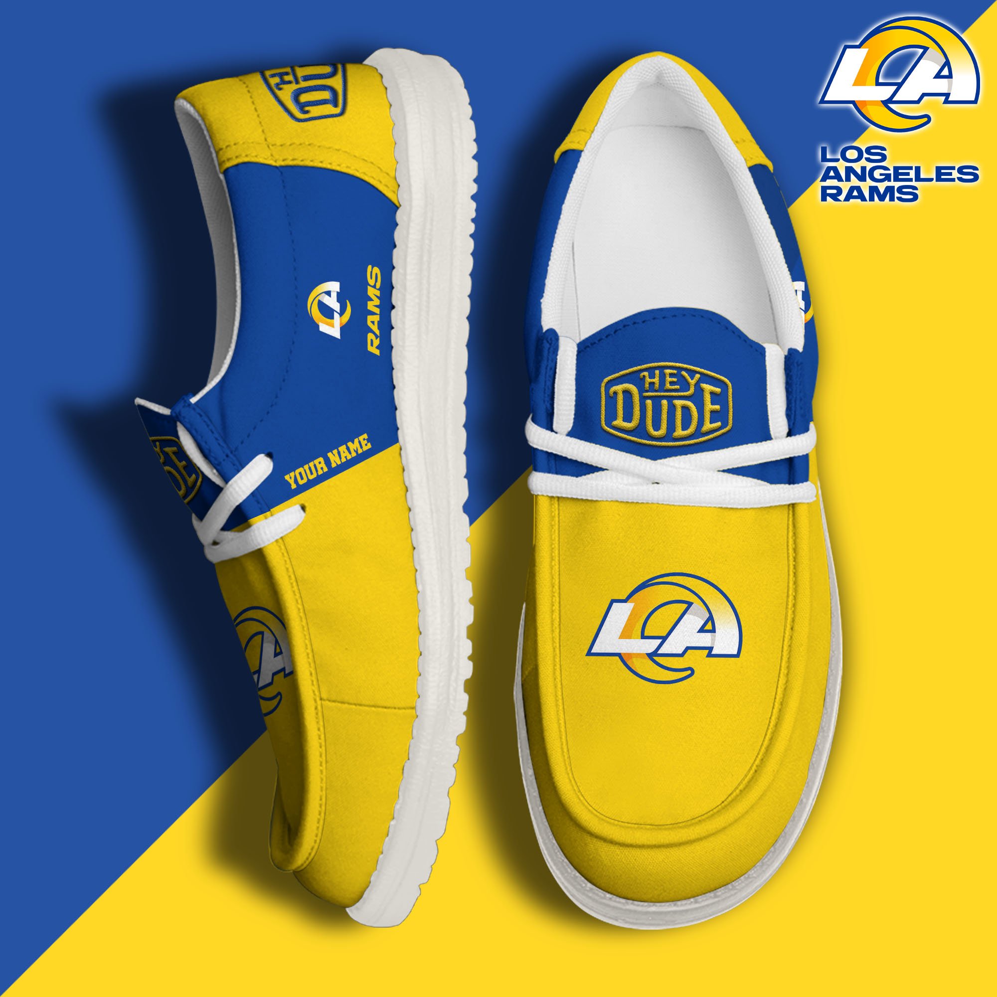 Los Angeles Rams Hey Dude Canvas Loafer Shoes 2024 Version Custom Your Name, Sport Shoes For Football Fans, Sport Gifts ETRG-61619