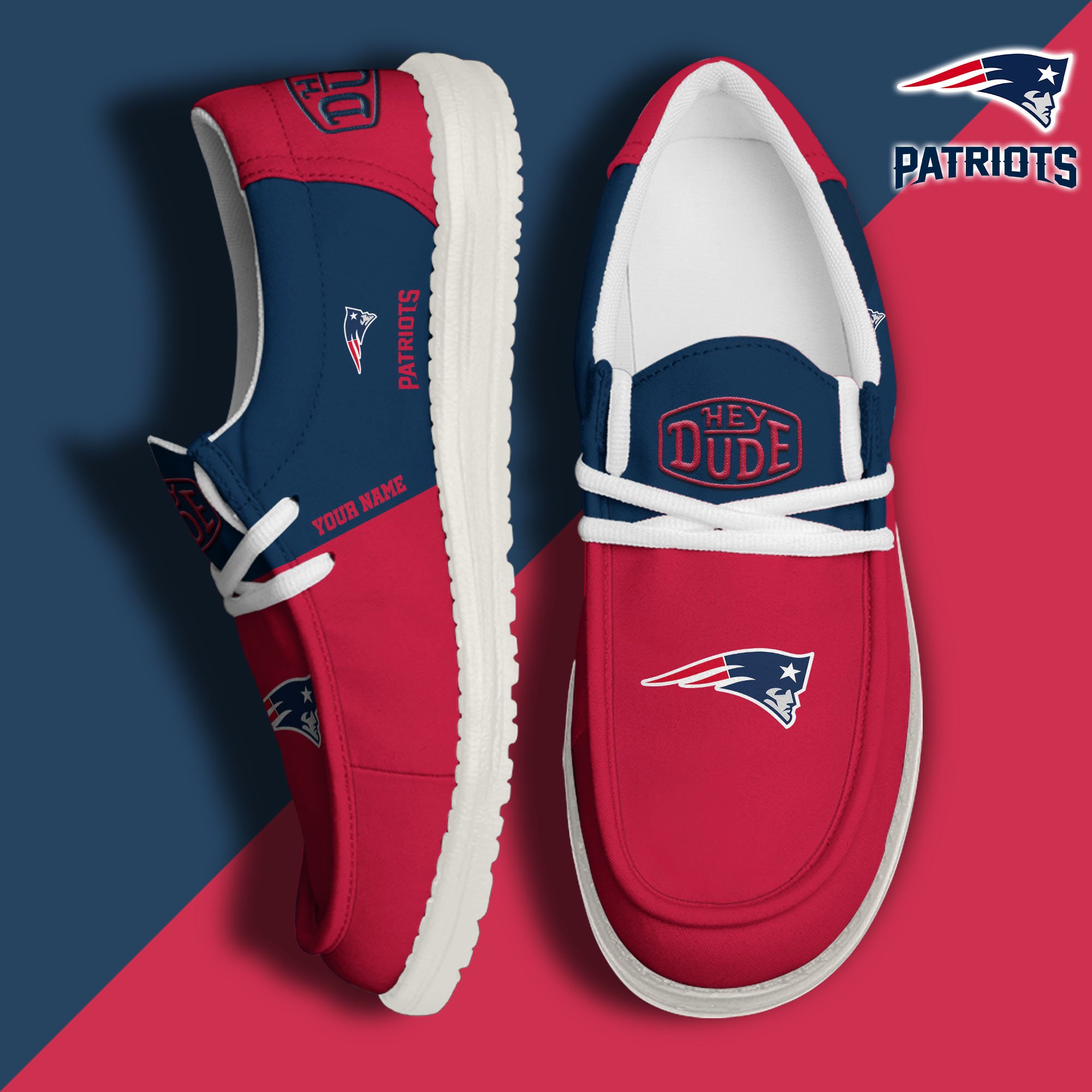 New England Patriots Hey Dude Canvas Loafer Shoes 2024 Version Custom Your Name, Sport Shoes For Football Fans, Sport Gifts ETRG-61619