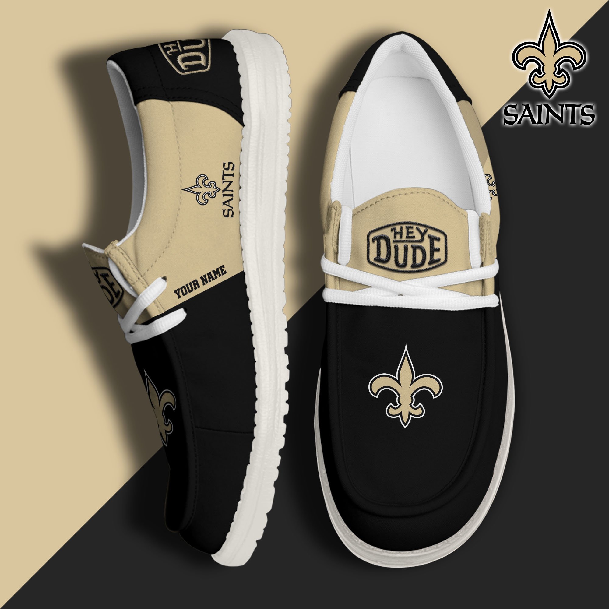 New Orleans Saints Hey Dude Canvas Loafer Shoes 2024 Version Custom Your Name, Sport Shoes For Football Fans, Sport Gifts ETRG-61619