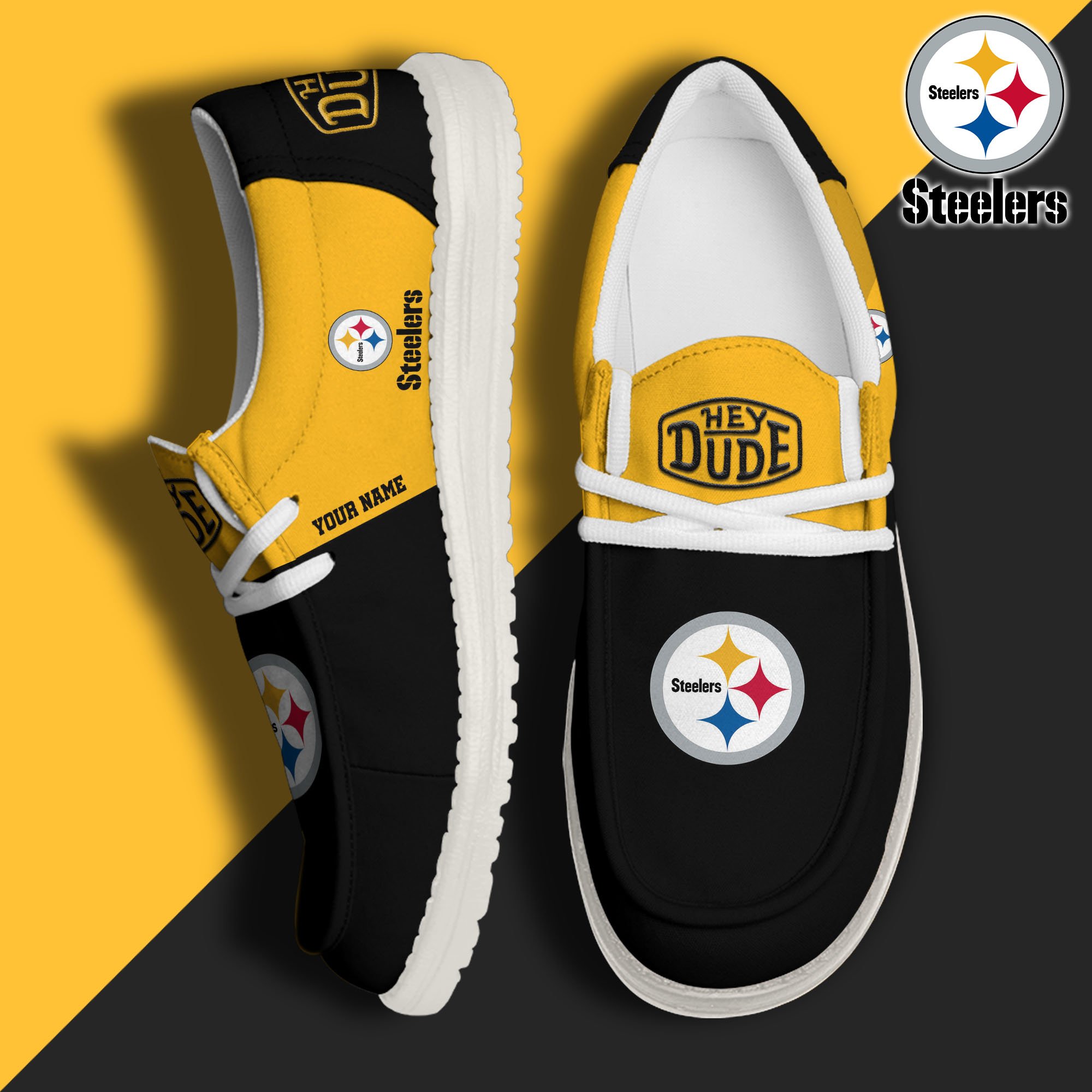 Pittsburgh Steelers Hey Dude Canvas Loafer Shoes 2024 Version Custom Your Name, Sport Shoes For Football Fans, Sport Gifts ETRG-61619