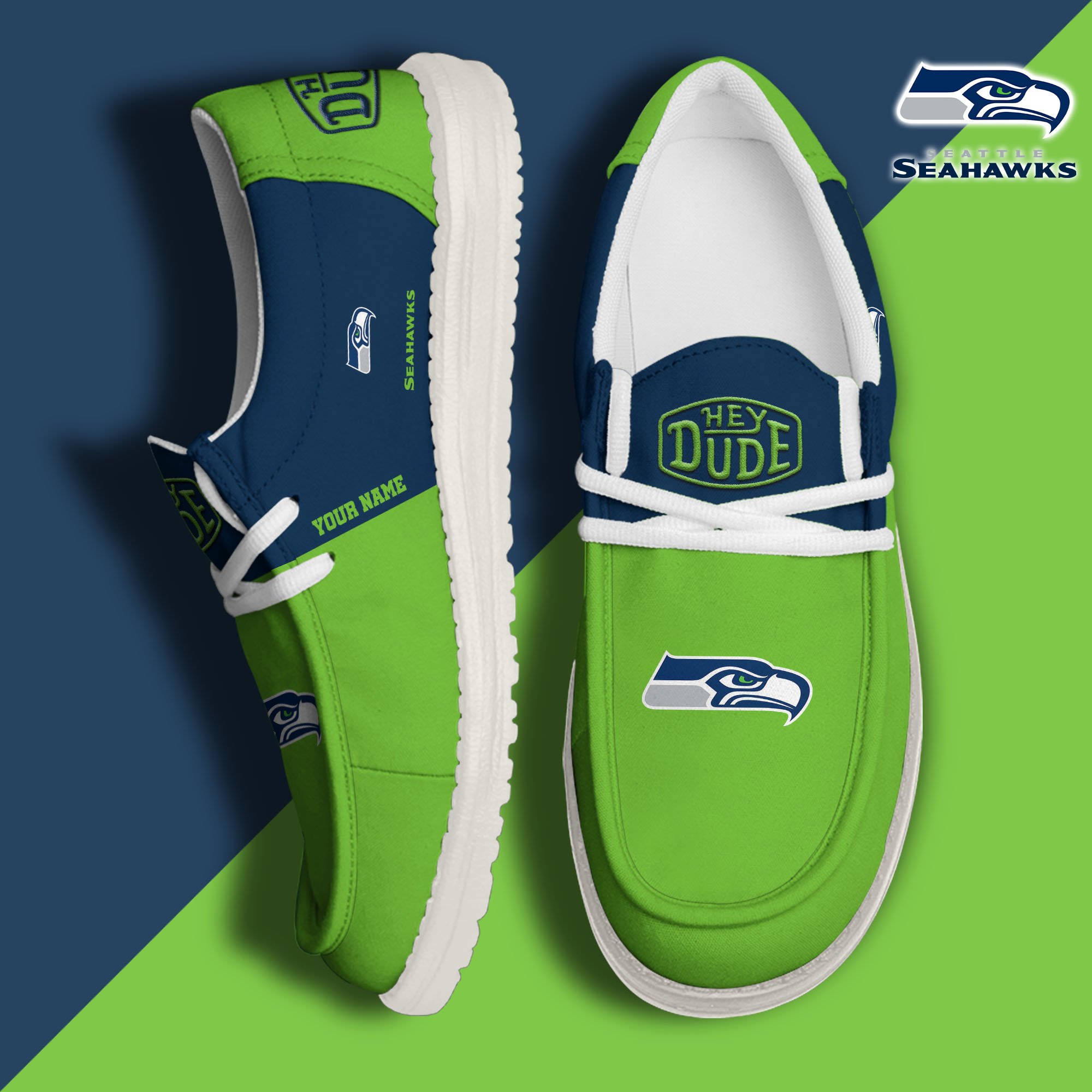 Seattle Seahawks Hey Dude Canvas Loafer Shoes 2024 Version Custom Your Name, Sport Shoes For Football Fans, Sport Gifts ETRG-61619