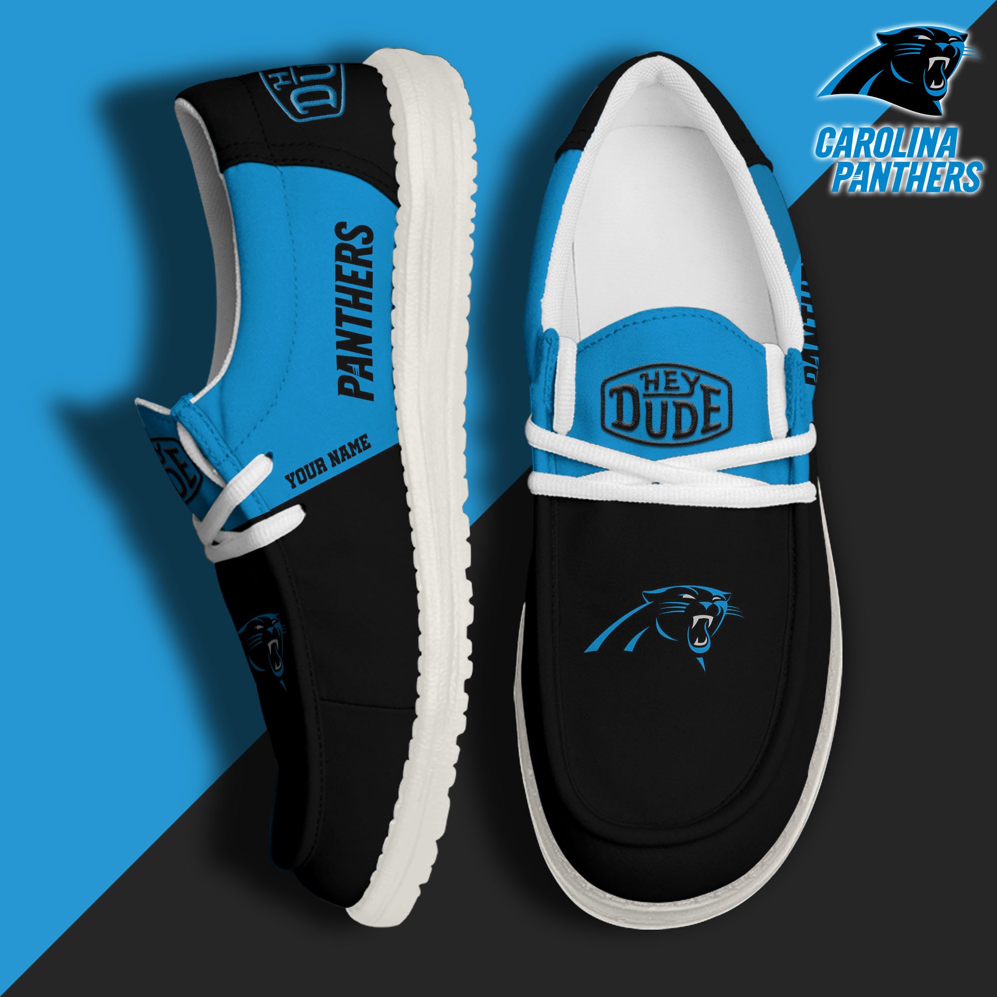 Carolina Panthers Sport Hey Dude Canvas Loafer Shoes 2024 Version Custom Your Name, Sport Team Shoes, Sport Gifts ETRG-61666