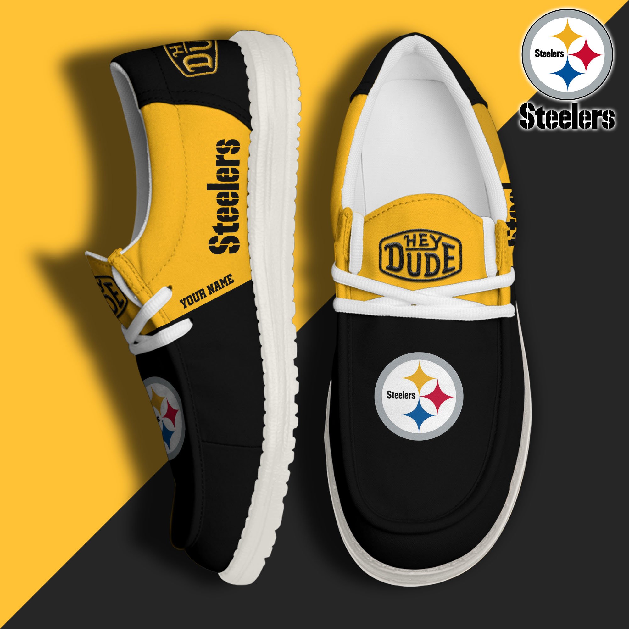 Pittsburgh Steelers Sport Hey Dude Canvas Loafer Shoes 2024 Version Custom Your Name, Sport Team Shoes, Sport Gifts ETRG-61666