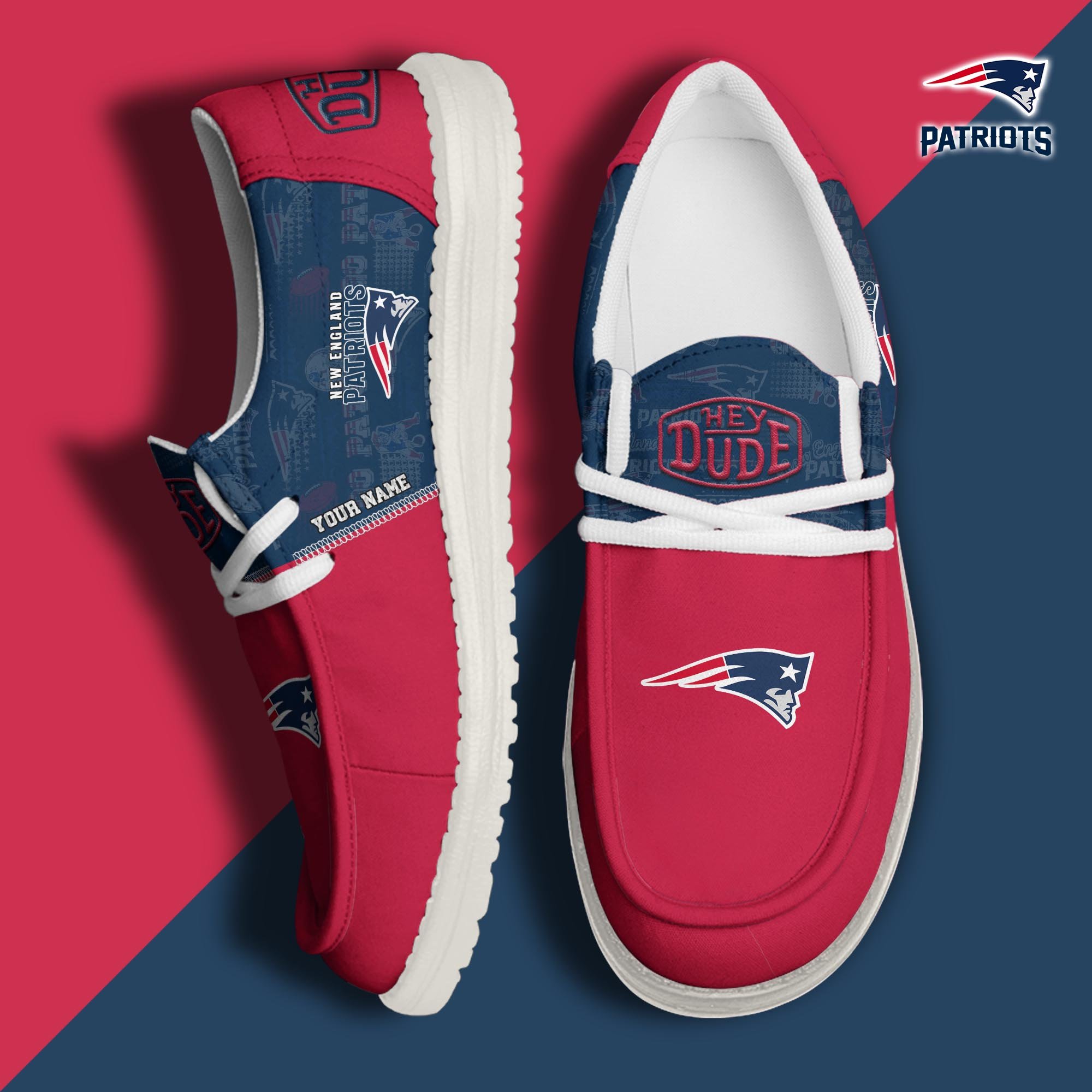 New England Patriots Sport Hey Dude Canvas Loafer Shoes 2024 Version Custom Your Name, Football Shoes, Sport Gifts For Lovers ETRG-61672