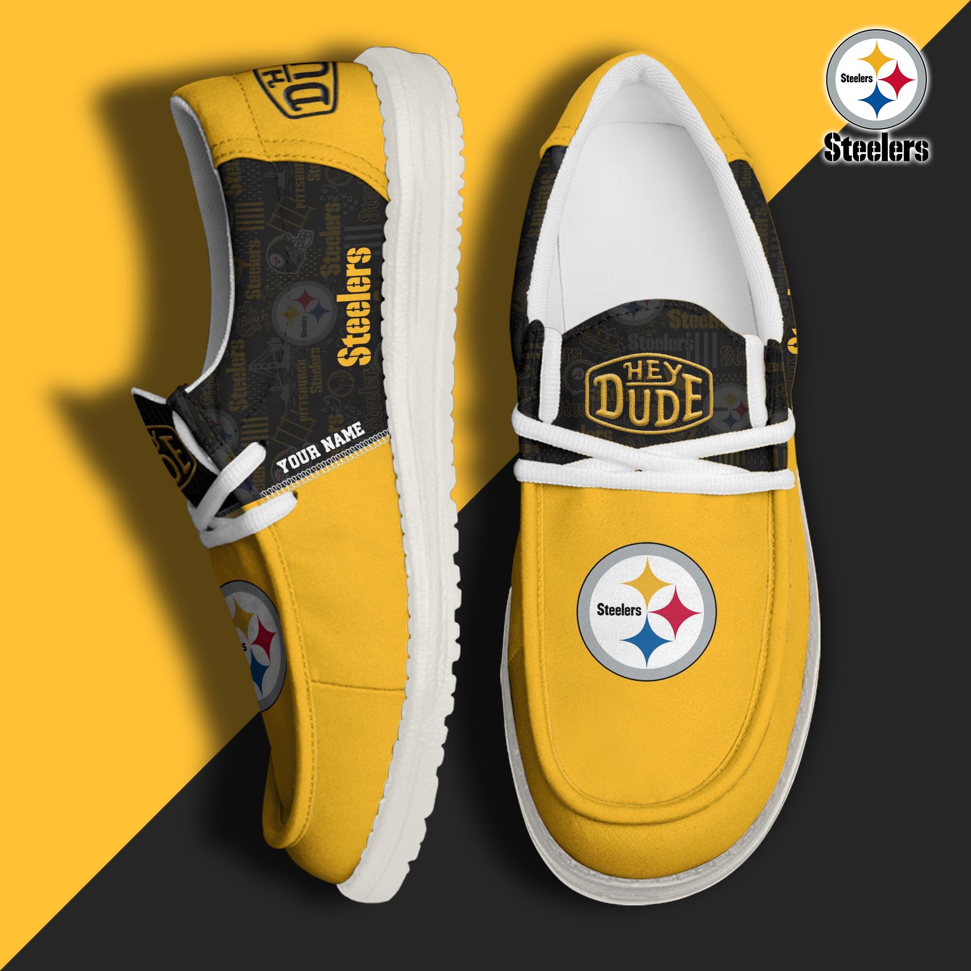 Pittsburgh Steelers Sport Hey Dude Canvas Loafer Shoes 2024 Version Custom Your Name, Football Shoes, Sport Team Shoes, Sport Gifts ETRG-61673