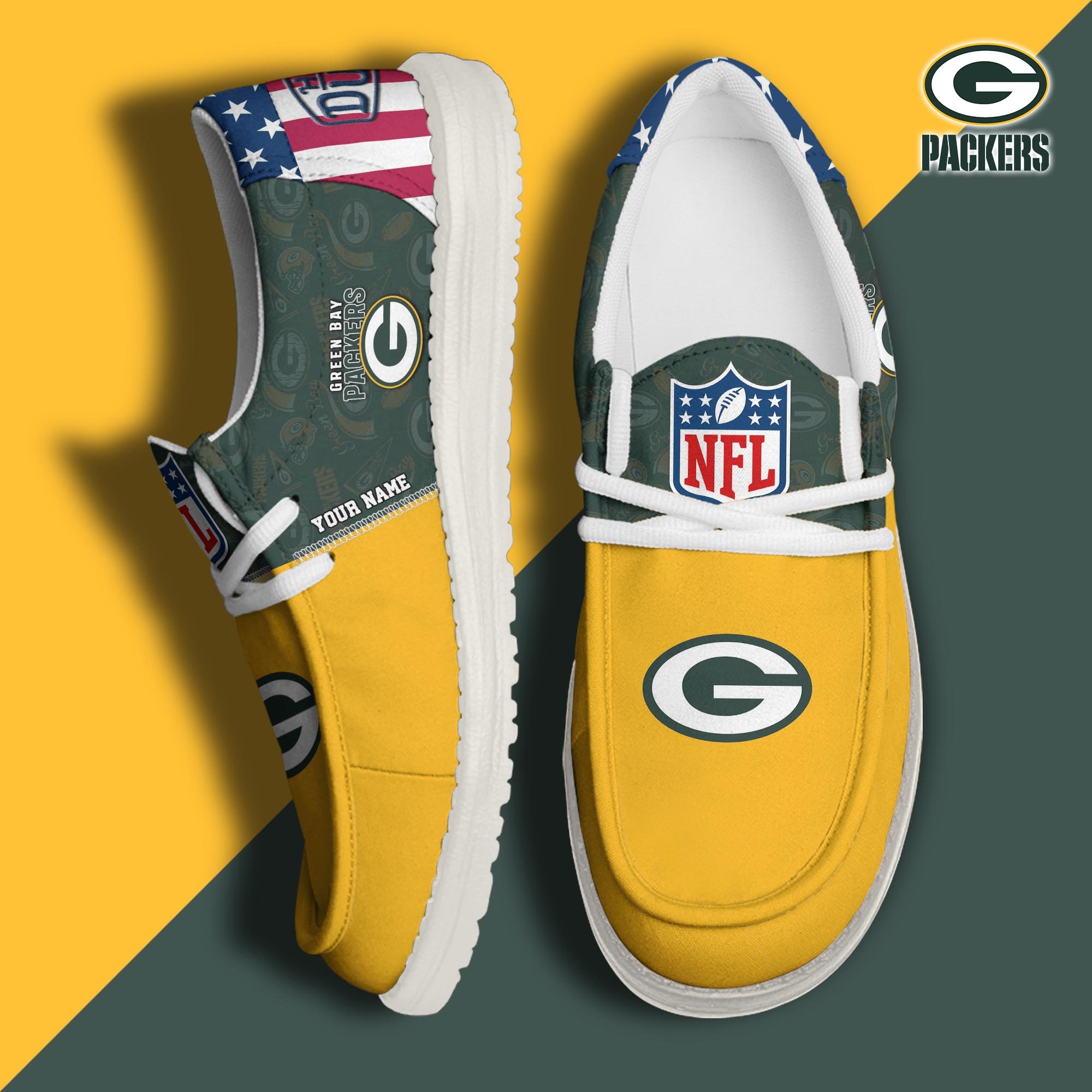 Green Bay Packers Hey Dude Canvas Loafer Shoes 2024 Version Custom Your Name, Sport Shoes, Sport Gifts For Fans ETRG-61678