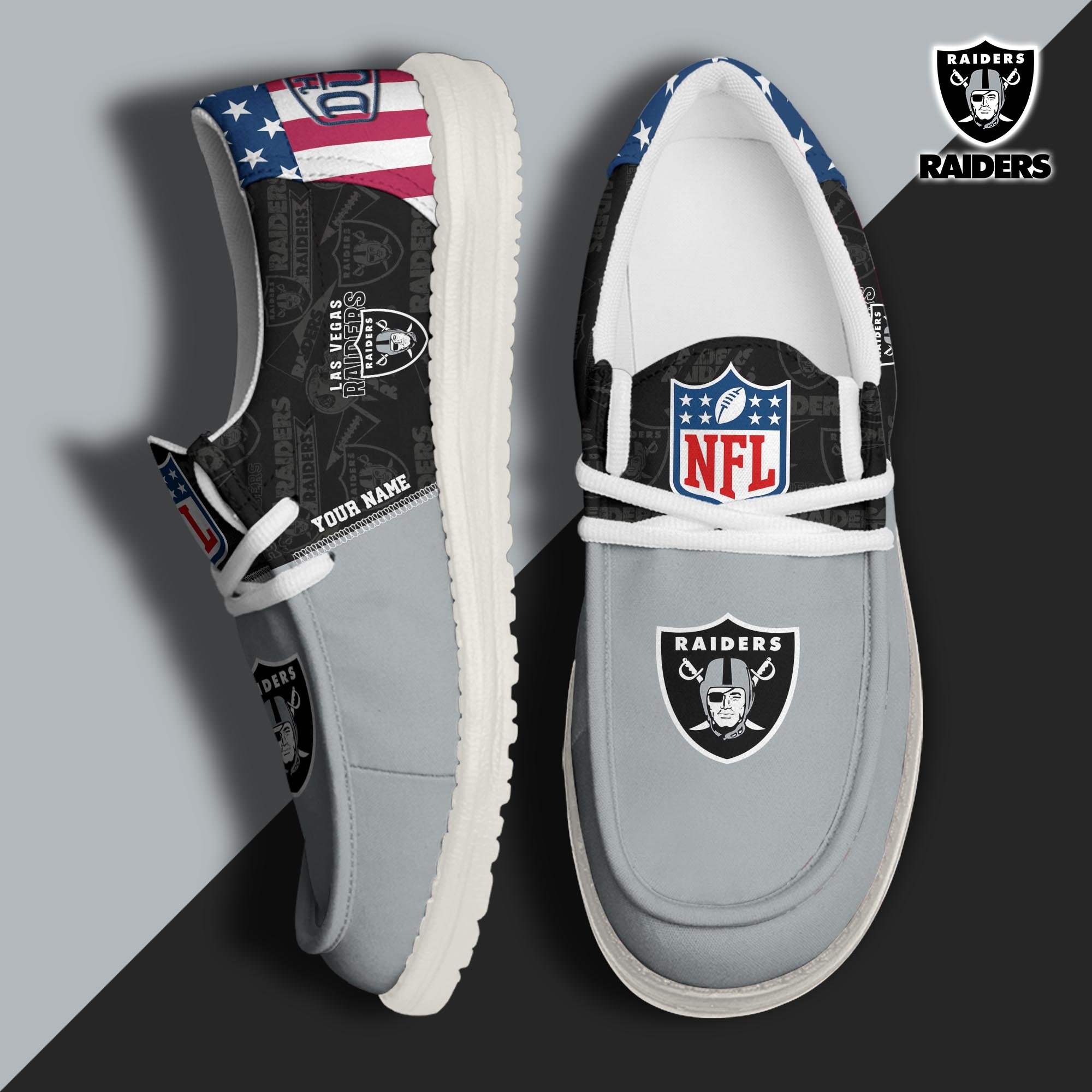 Las Vegas Raiders Hey Dude Canvas Loafer Shoes 2024 Version Custom Your Name, Sport Shoes, Sport Gifts For Fans ETRG-61678