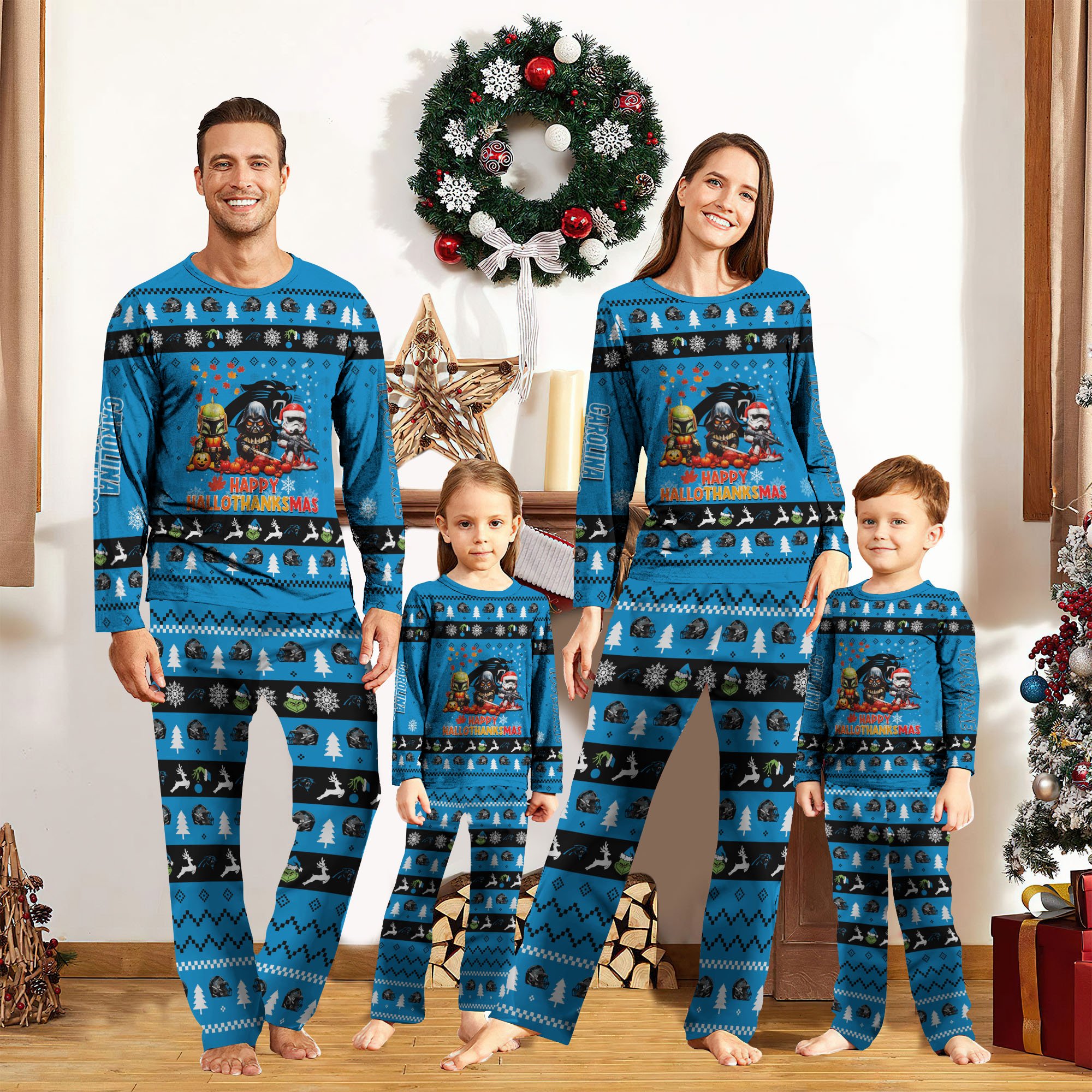 Carolina Panthers Pajamas 2024 Version Custom Your Name, Happy HalloThanksMas, Sport Pajamas For Family, Christmas Pajamas, Gifts for Sport Lovers ETRG-61886