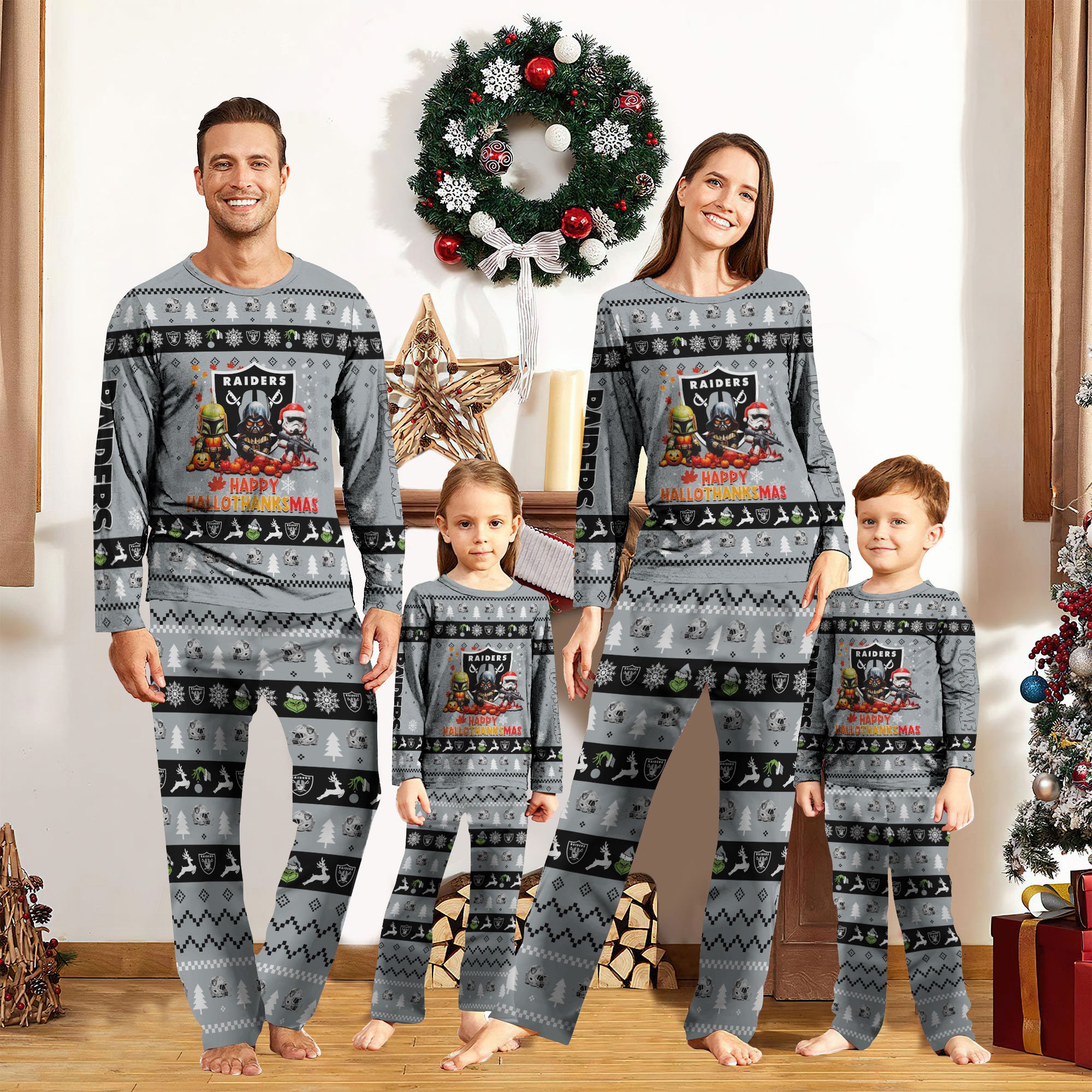 01 Las Vegas Raiders Pajamas 2024 Version Custom Your Name, Happy HalloThanksMas, Sport Pajamas For Family, Christmas Pajamas, Gifts for Sport Lovers ETRG-61886