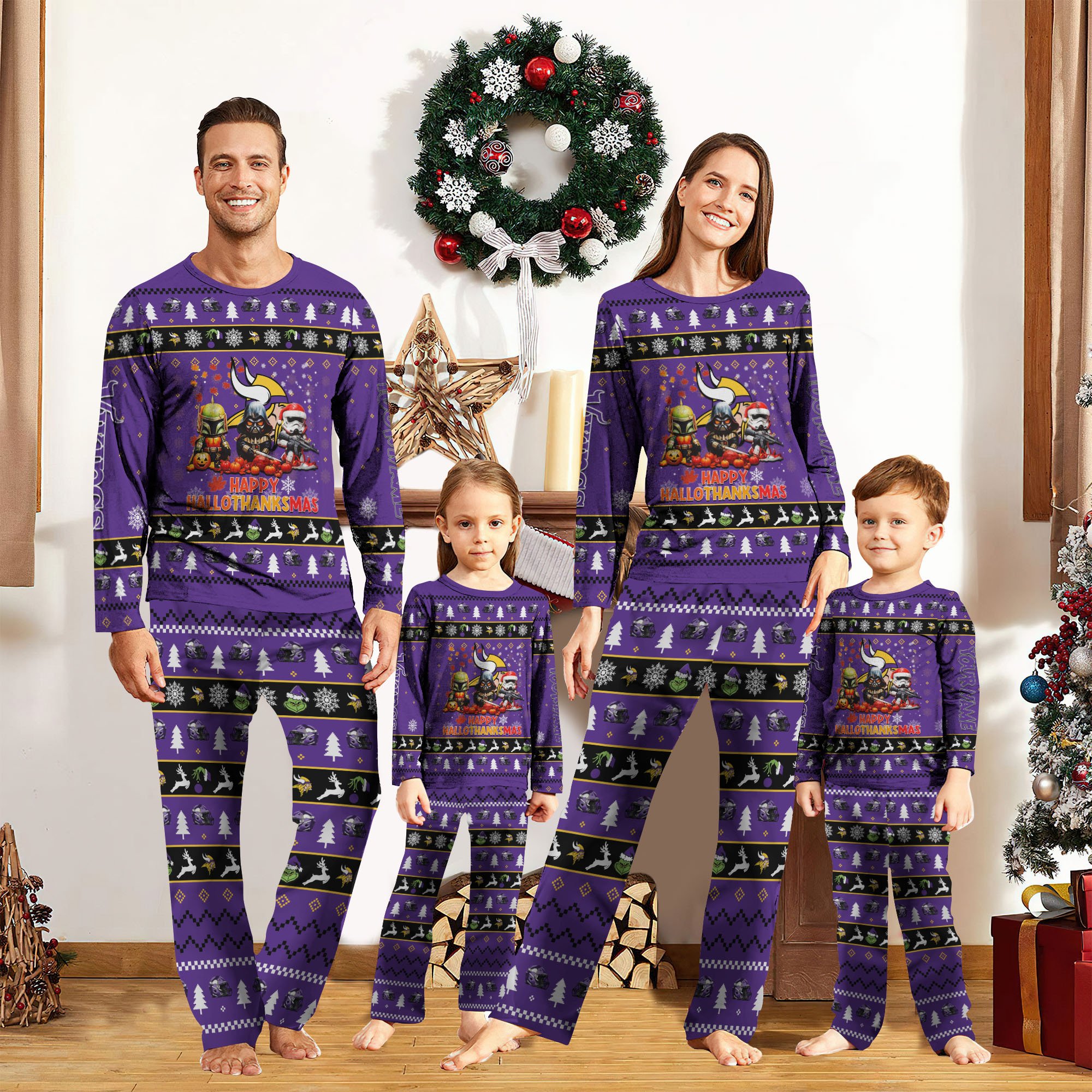 Minnesota Vikings Pajamas 2024 Version Custom Your Name, Happy HalloThanksMas, Sport Pajamas For Family, Christmas Pajamas, Gifts for Sport Lovers ETRG-61886