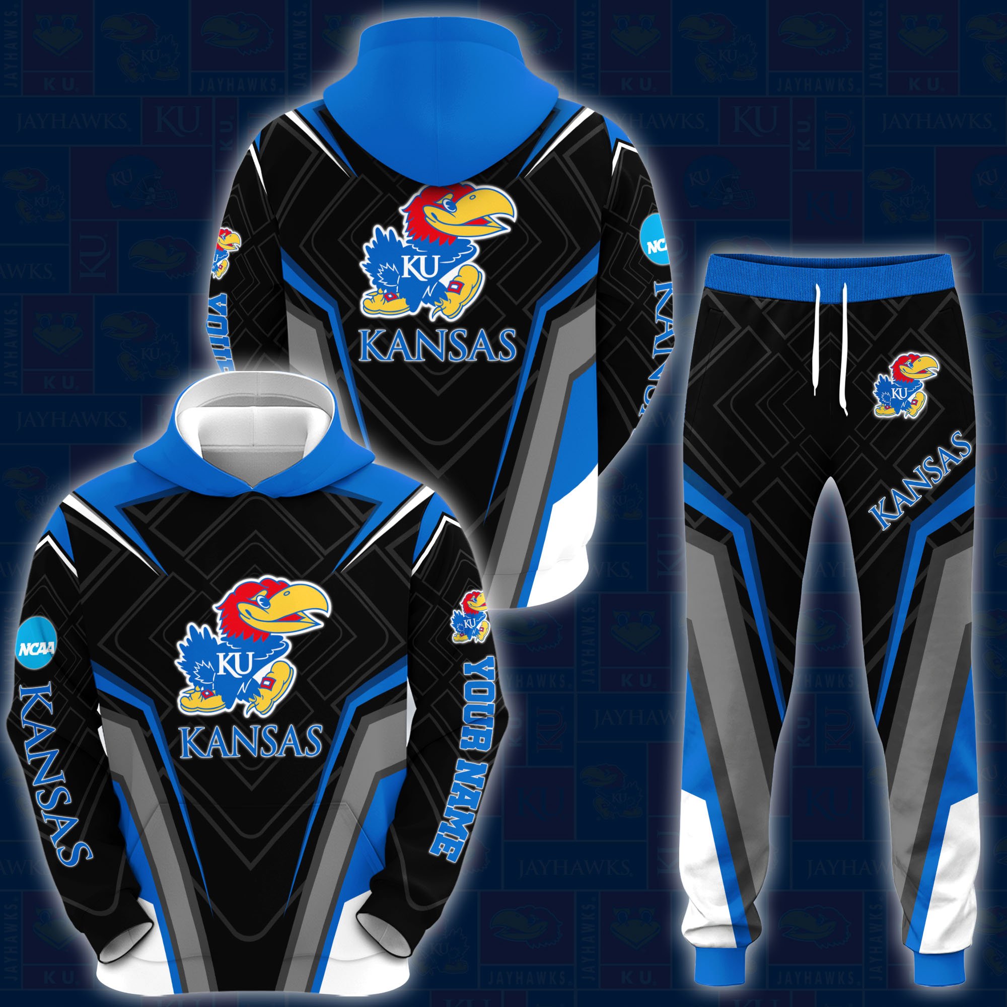 Kansas Jayhawks Hoodie And Sweatpants 2024 Version Custom Your Name, Hoodie And Sweatpants For Sport Lovers, Gifts For Fans, Sport Gifts ETRG-62556