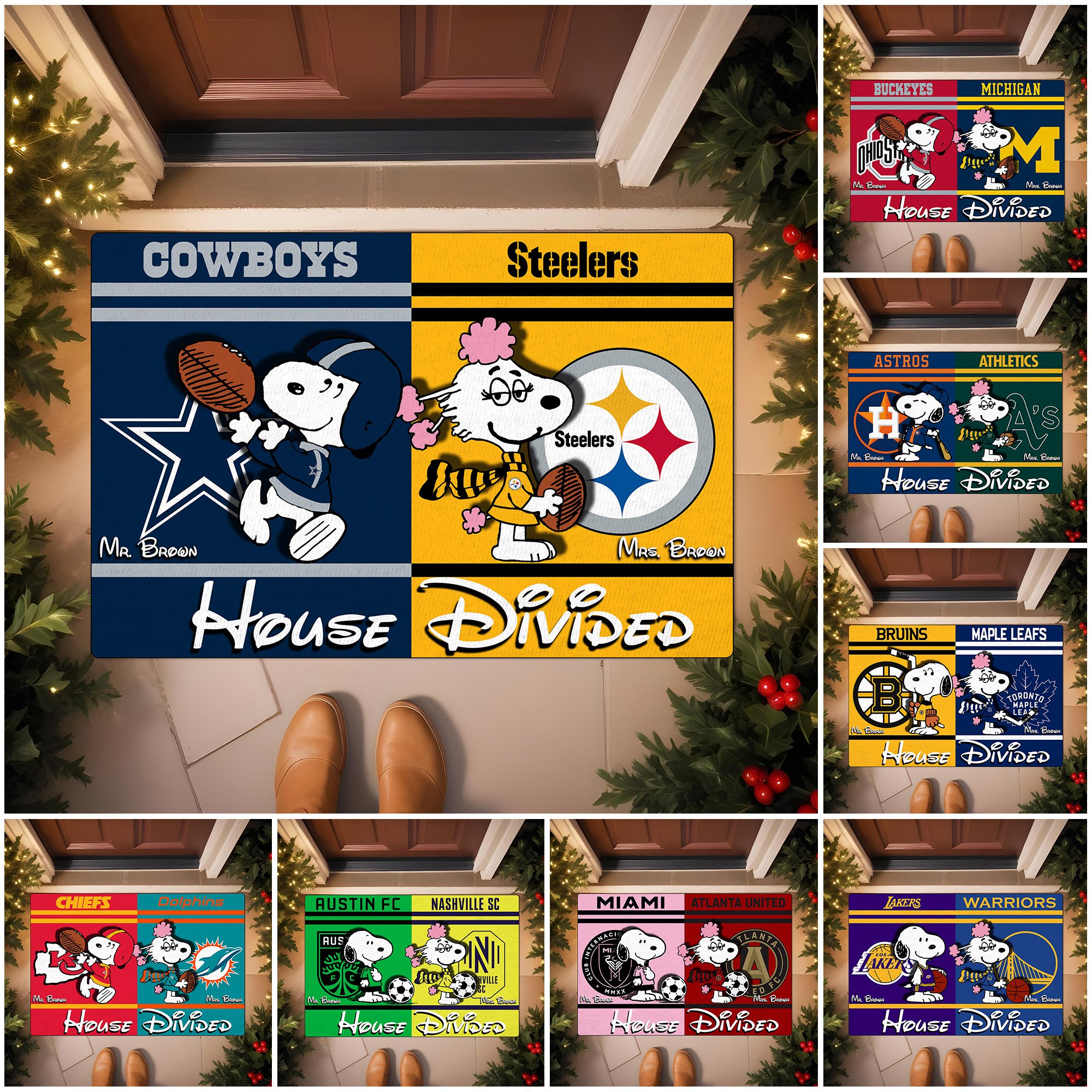 Snoopy House Divided Doormat Custom Husband, Wife Name And Choose Your Team, Sport Doormat, Sport Gift For Fan, Home Decor ETRG-62649